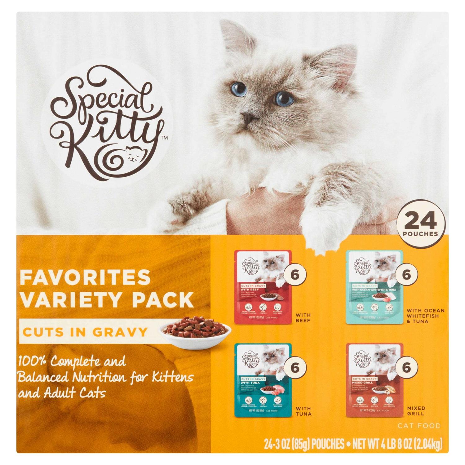 Special Kitty Favorites Variety Pack Cuts in Gravy Cat Food, Kittens and Adult Cats 3oz. Pouches - Healthber