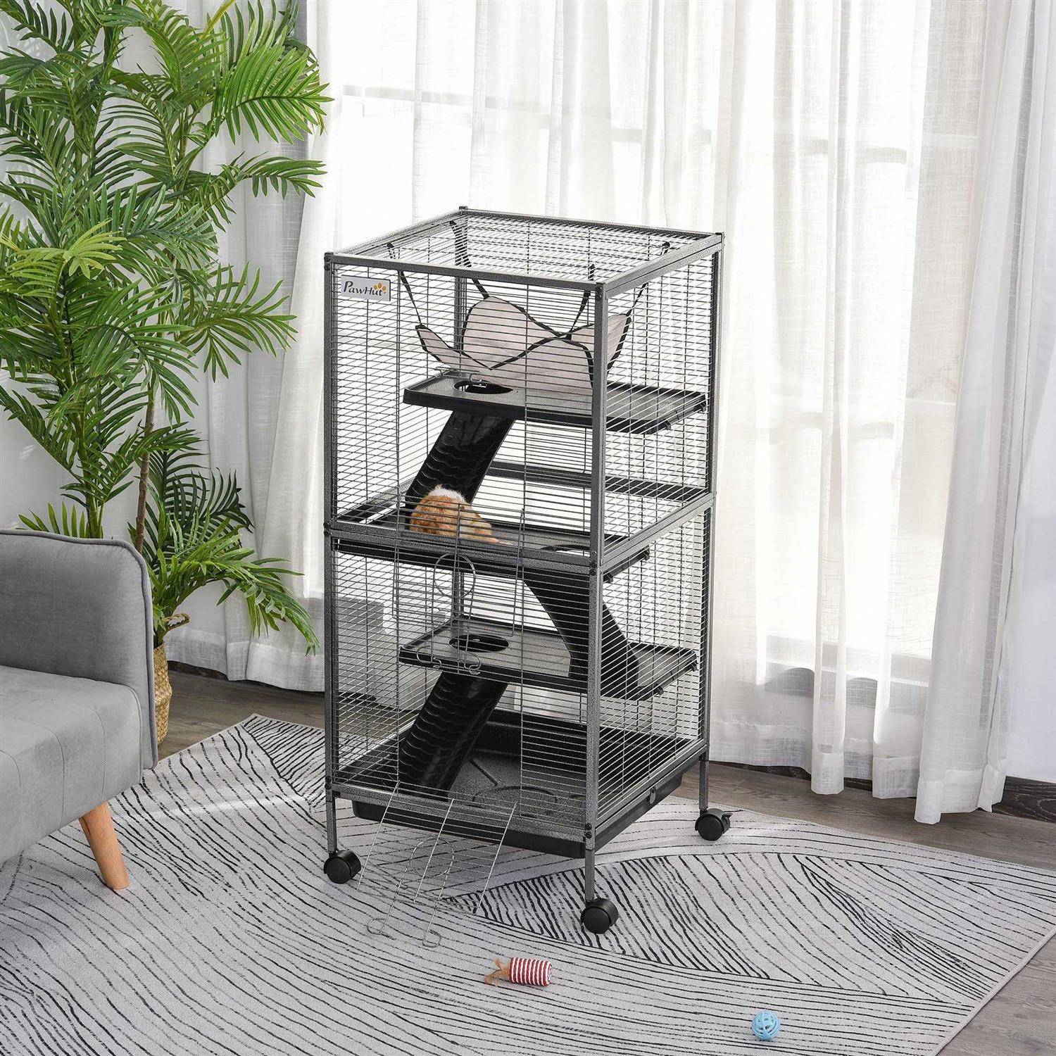 PawHut Rolling Small Animal Cage Pet for Rabbits, Chinchillas, Ferret with Wheels, Hammock, 4 Platforms and Removable Tray - Healthber