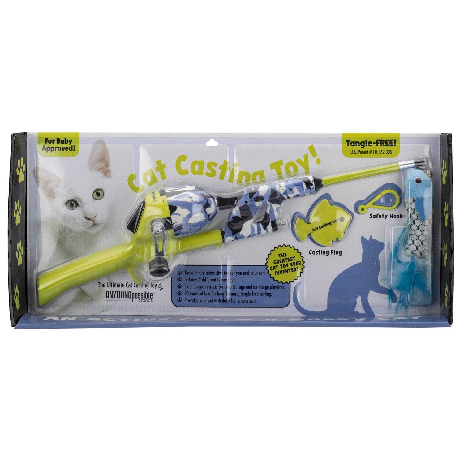 Kid Casters Cat Caster Fishing Pole Toy Tangle Free Retractable & Easy to Store. Includes Two Interchangeable Teaser Toys - Healthber