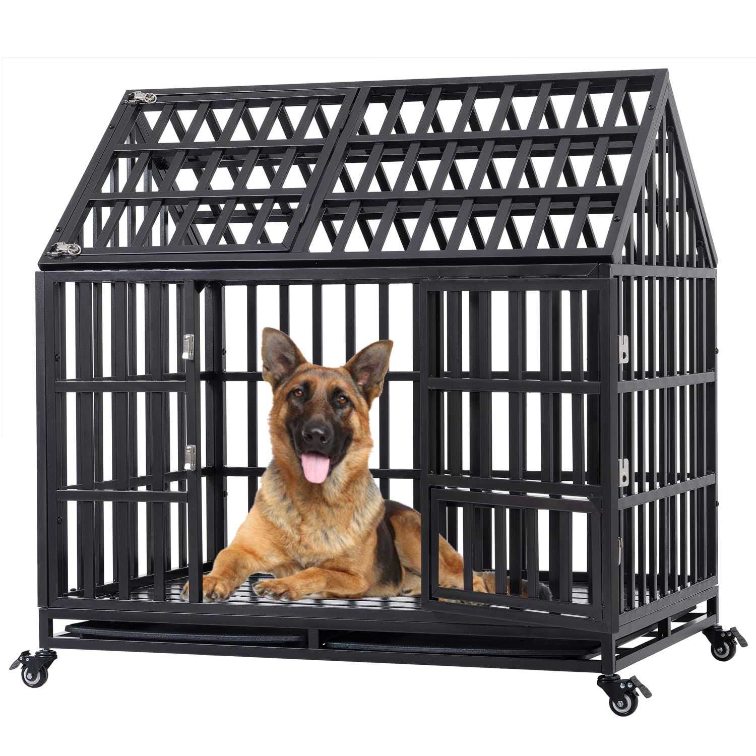 JINTANGLI Pet Heavy Duty Dog Crate for Large Medium Dogs, Metal Pet Cage Kennel Crate Roof Strong Playpen with Sturdy Latches and 4 Lockable Wheels - Healthber