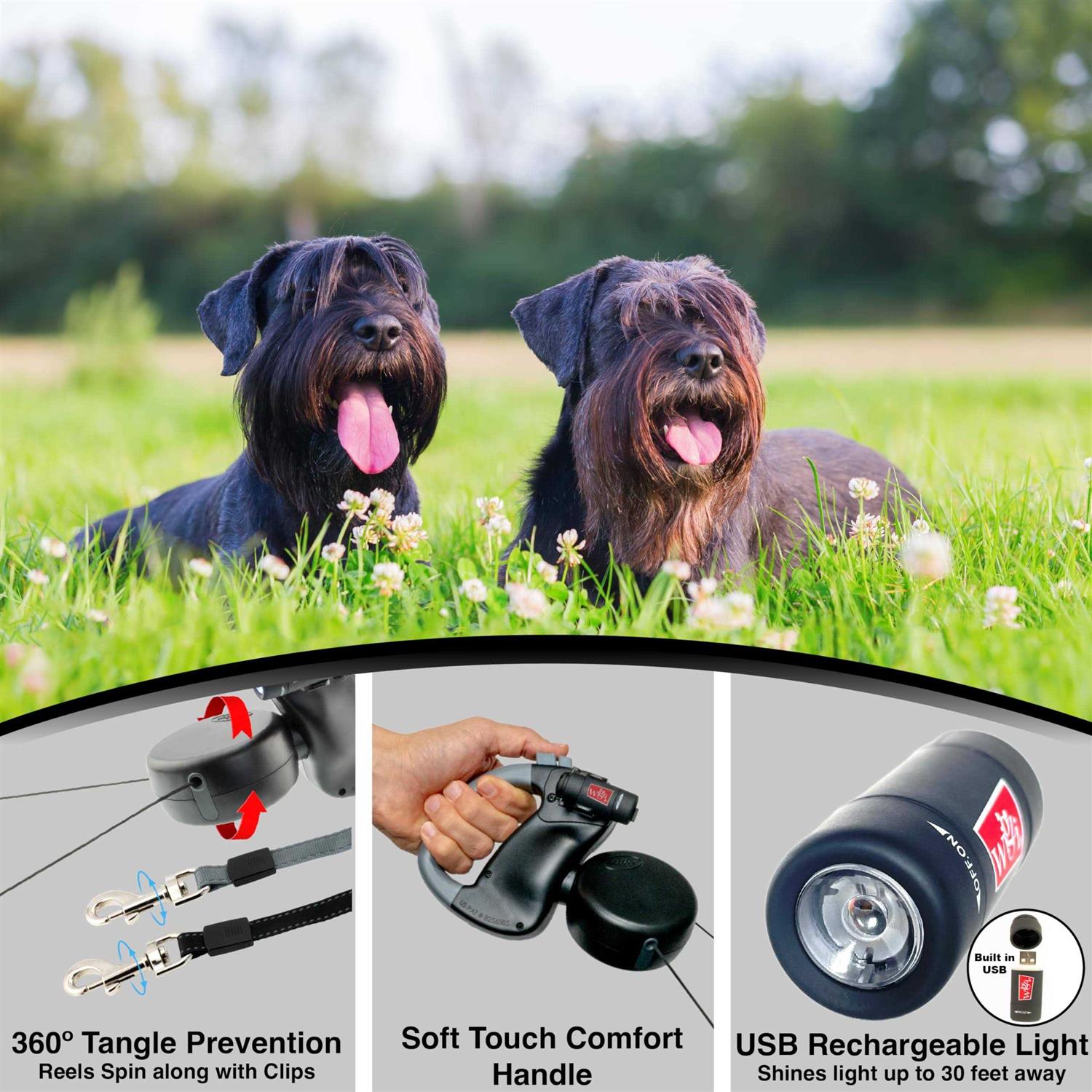 Wigzi Dual Doggie Retractable Leash with Light No Tangle 360 Coupler - Healthber