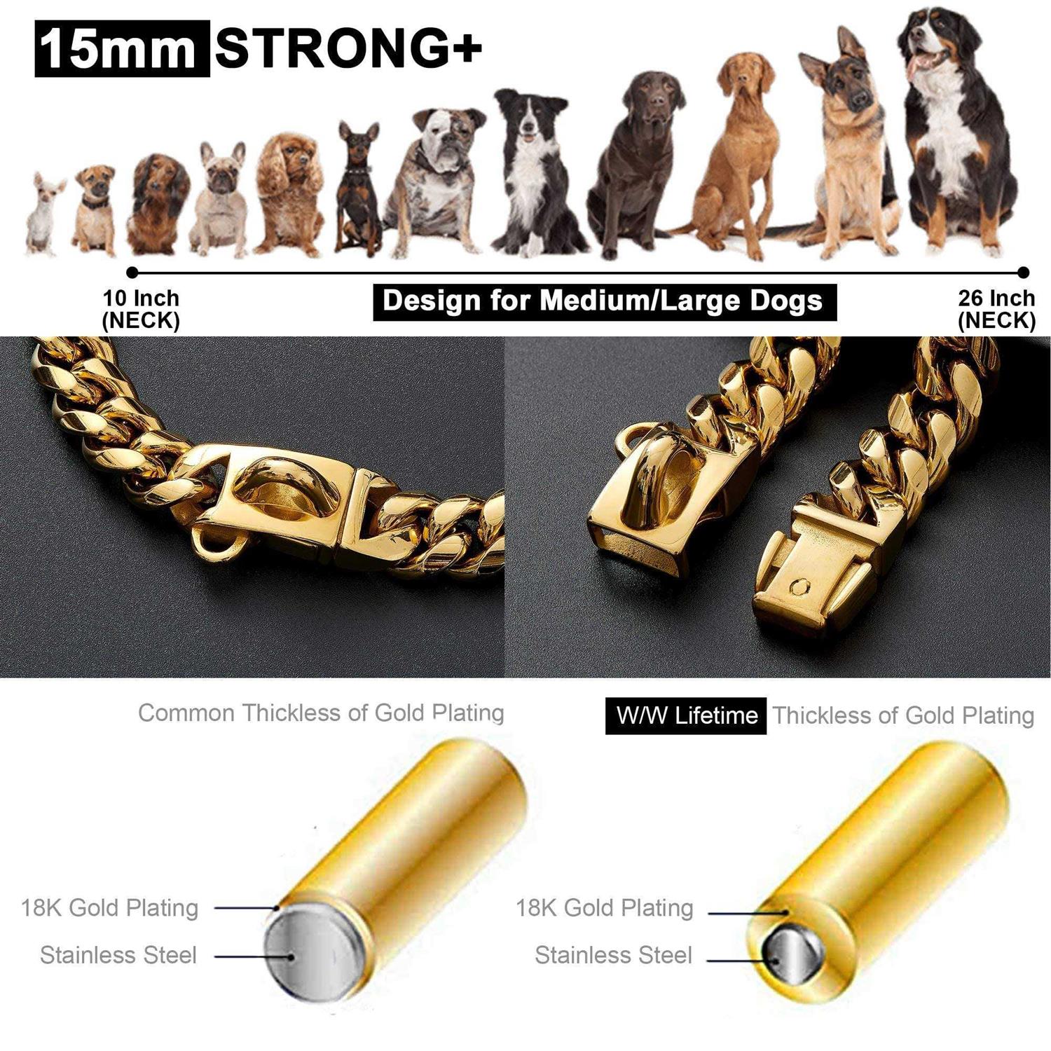 W/W Lifetime Gold Dog Chain Collar Walking Metal Chain Collar with Design Secure Buckle,18K Cuban Link Strong Heavy Duty Chew Proof for Medium Dogs - Healthber