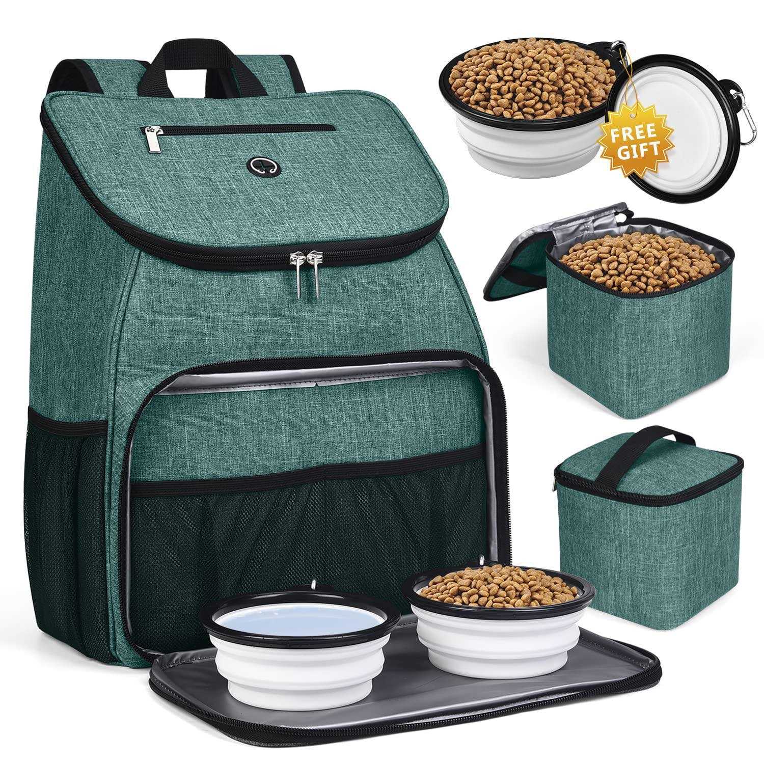 baglher Dog Travel Bag,Airline Approved Pet Supplies Backpack,Dog Travel Backpack with 2 Silicone Collapsible Bowls and 2 Food Baskets - Healthber