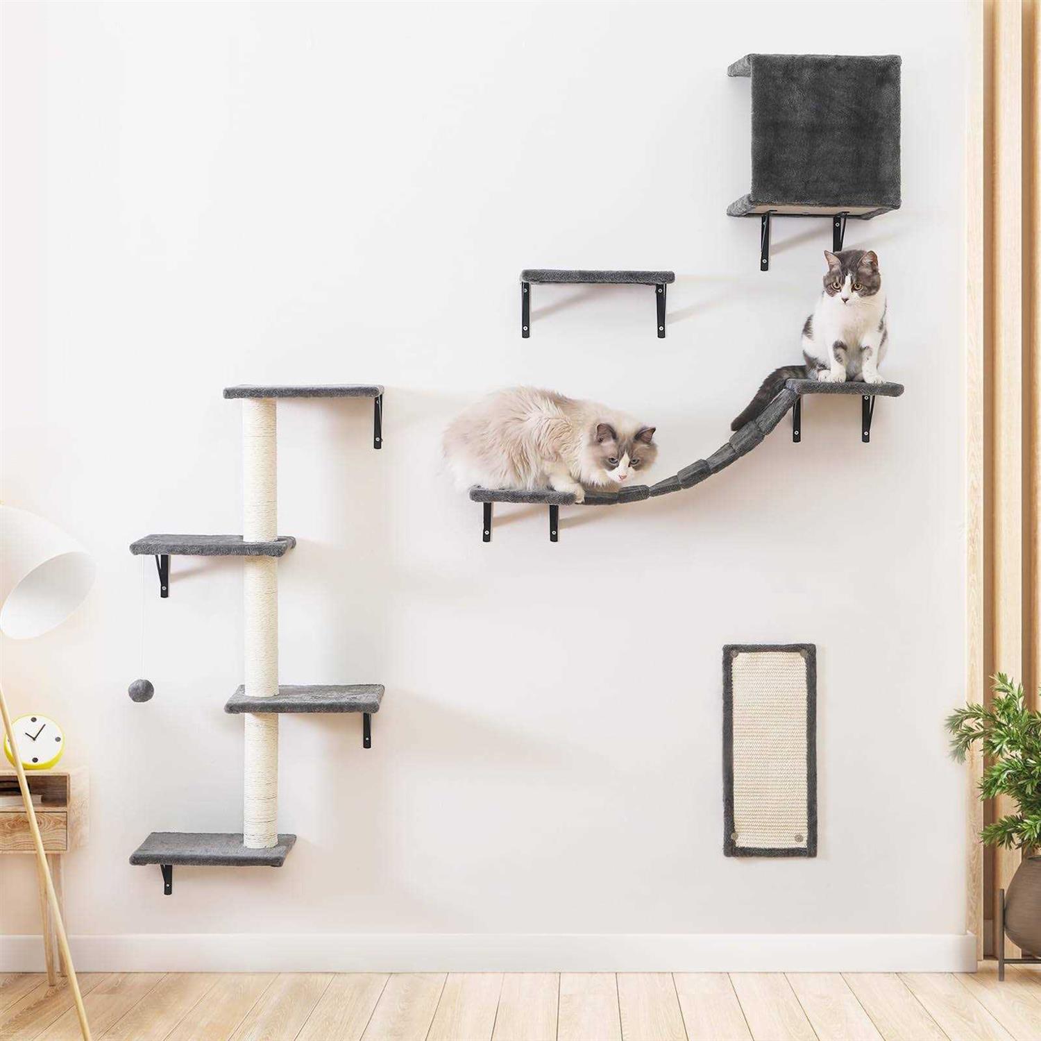 Modern Wall-Mounted Cat Furniture 5pcs Cat Wall Shelves Wooden Cat Climber Cat House, Bridge, Tree, Steps, and Scratcher - Healthber