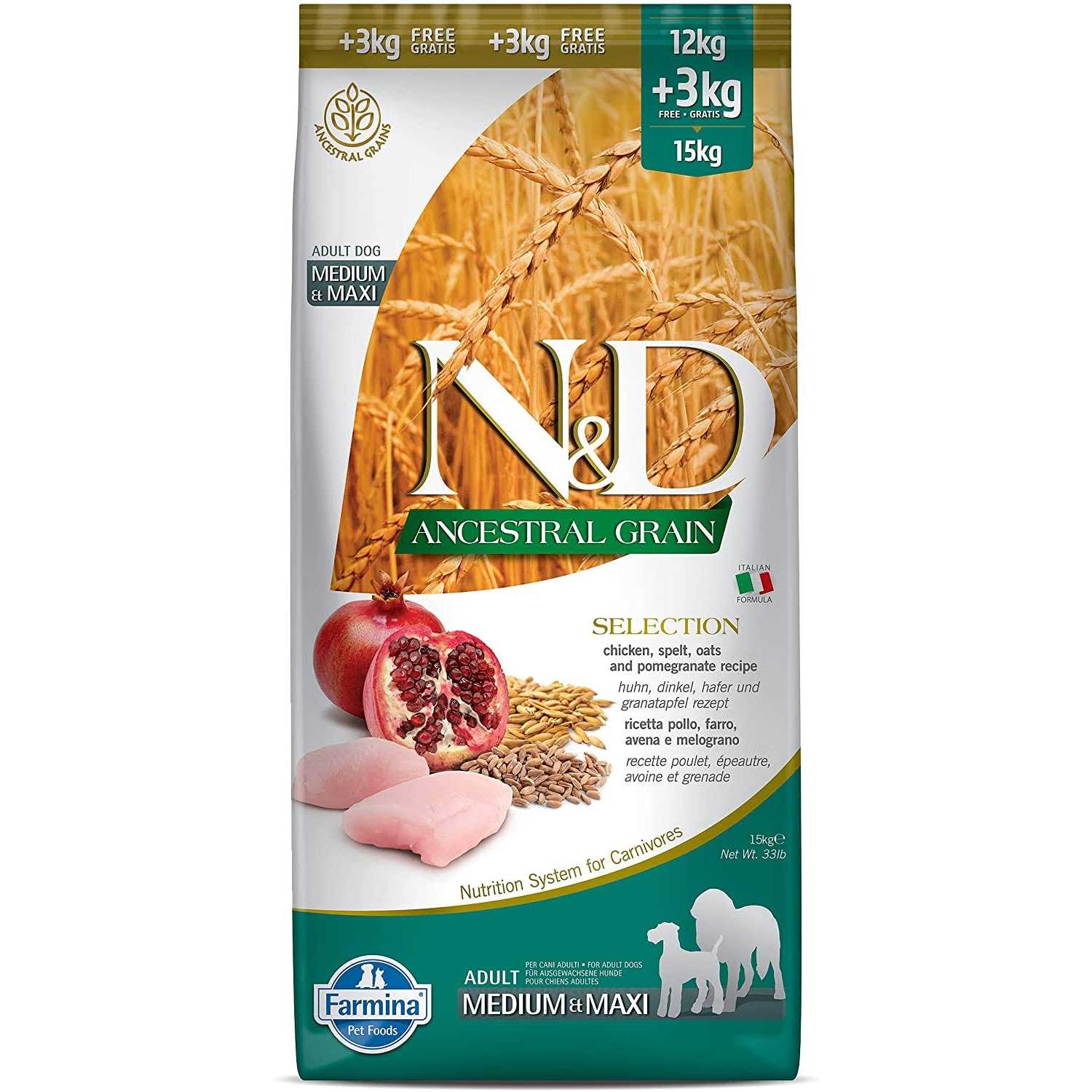 Farmina N&D Ancestral Grain Chicken & Pomegranate Medium & Maxi Adult Dry Dog Food - Healthber