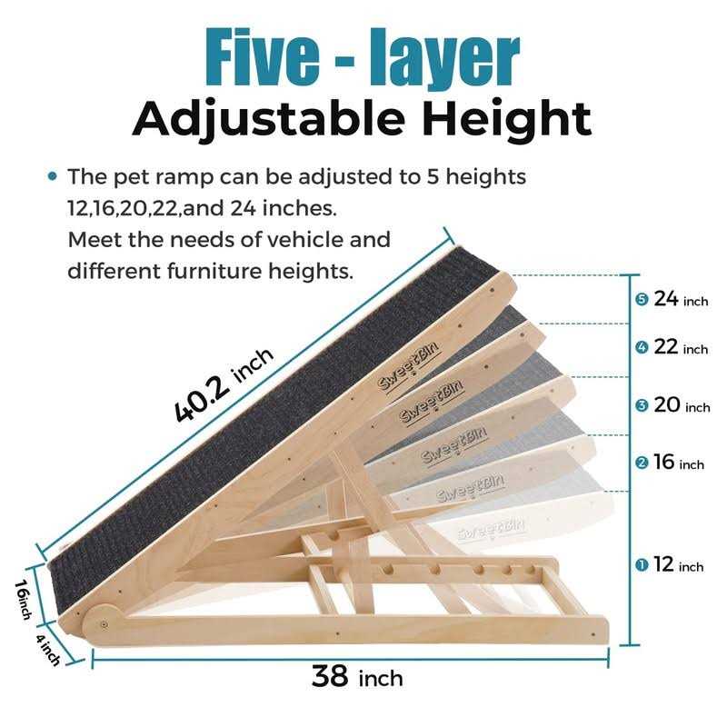 Sweetbin Wooden Adjustable Pet Ramp for All Dogs and Cats Non Slip Carpet Surface and Foot Pads - Healthber