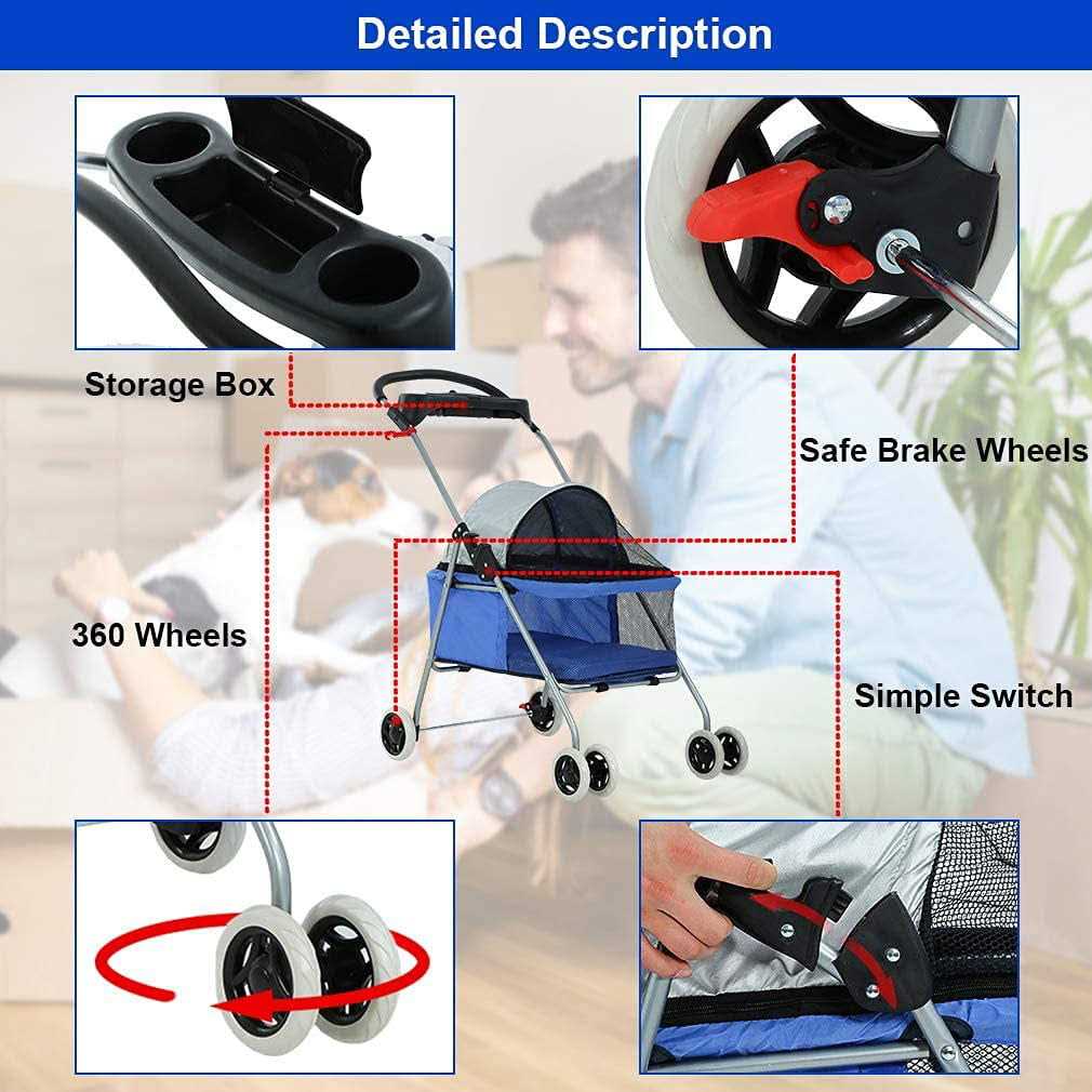 Dkeli Dog Stroller Folding Cat Stroller Pet Strollers for Small Dogs & Cats with Cup Holder - Healthber