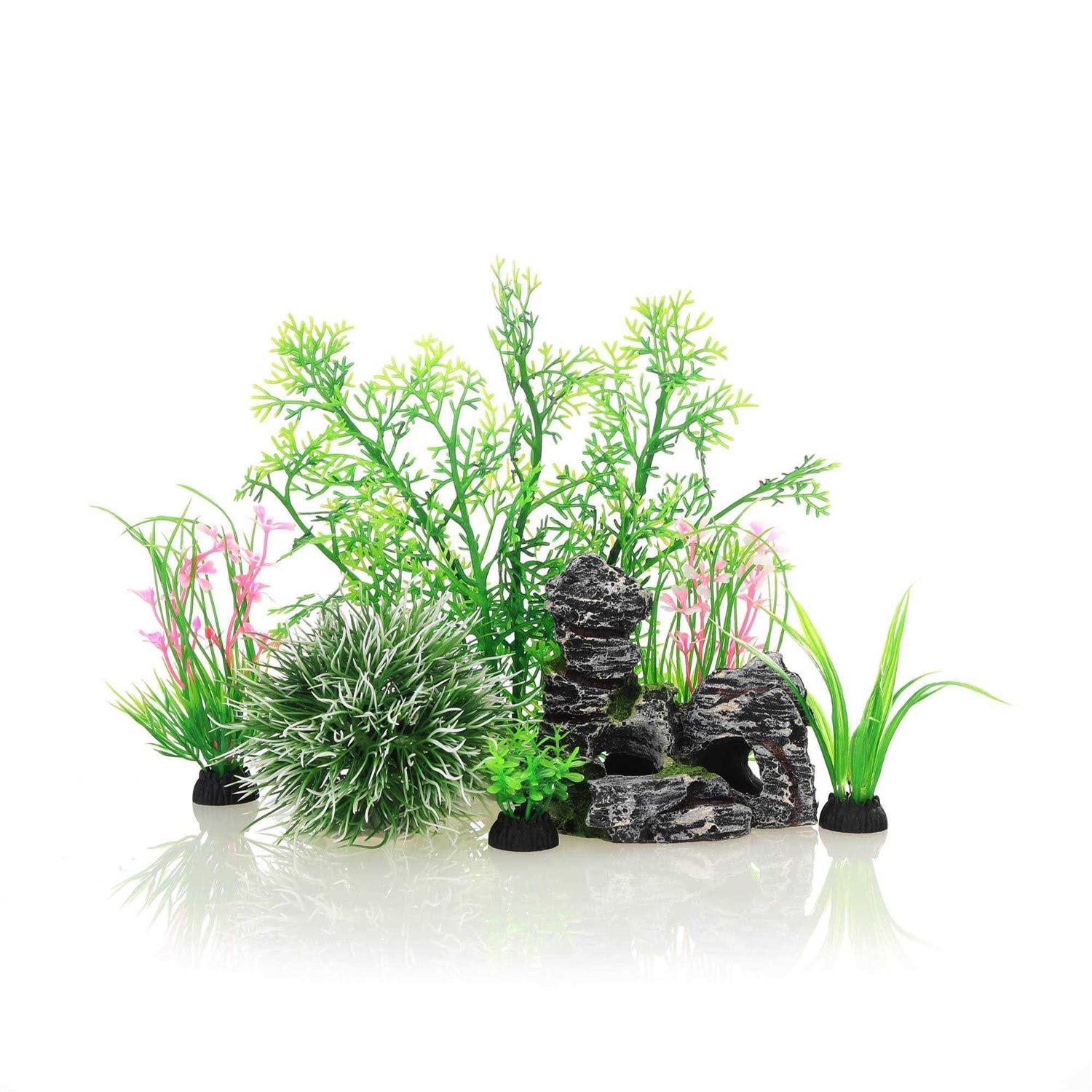 JIH Aquarium Fish Tank ,Plastic , Decorations Decor Set 7 Pieces, Small and Large Artificial Fish Tank Plants with Cave Rock - Healthber