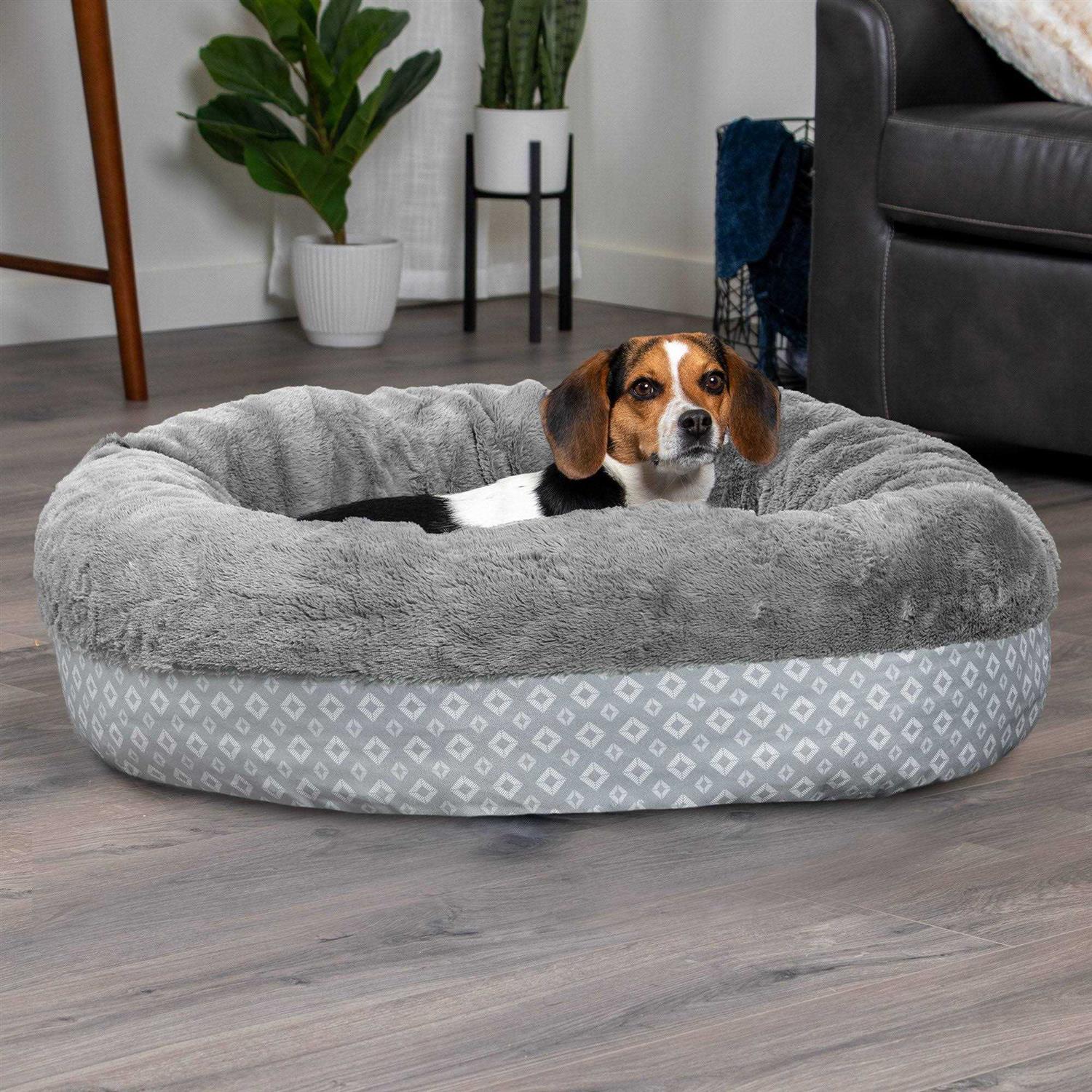 FurHaven Plush & Diamond Print Calming Donut Pet Bed for Dogs & Cats - Healthber