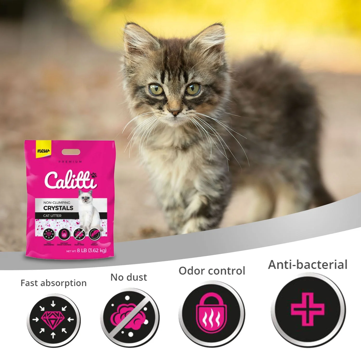 Calitti Non-Clumping Cat Litter Crystals with Silica Gel, 8 lbs - Healthber