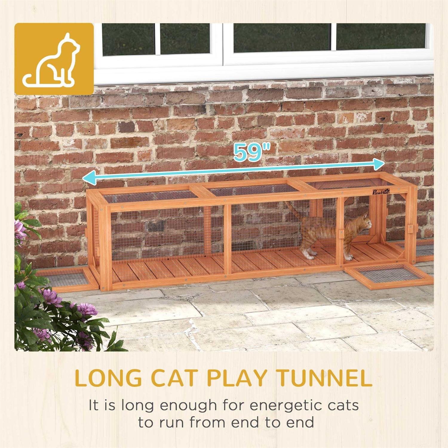 PawHut 59 Long Cat Tunnel with Extendable Design Wooden Outdoor Cat Tunnel House with Weather Protection - Healthber