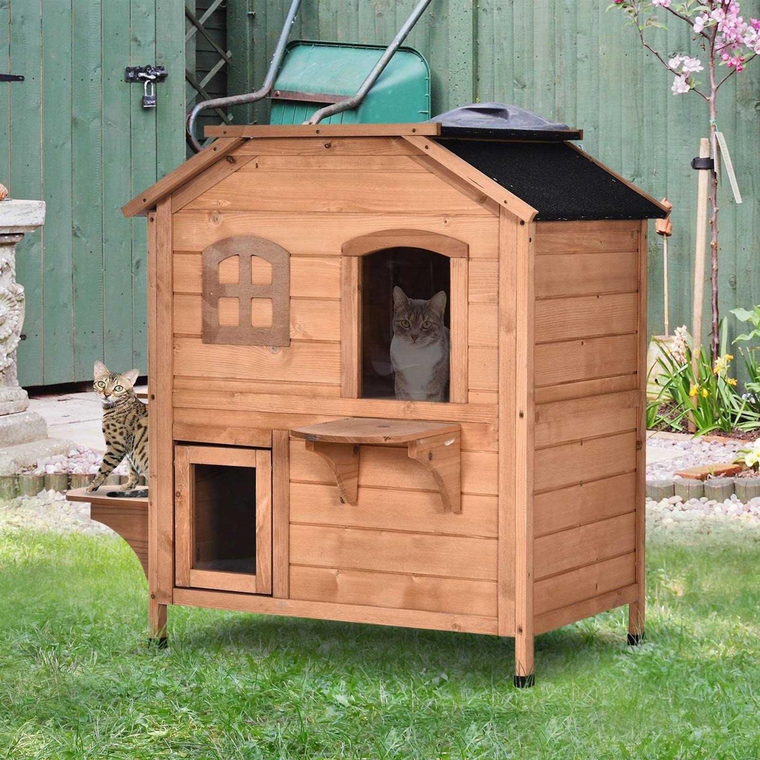 PawHut Wooden 2-Story Outdoor Cat House with Escape Door, Cat Openable Roof Platforms - Healthber