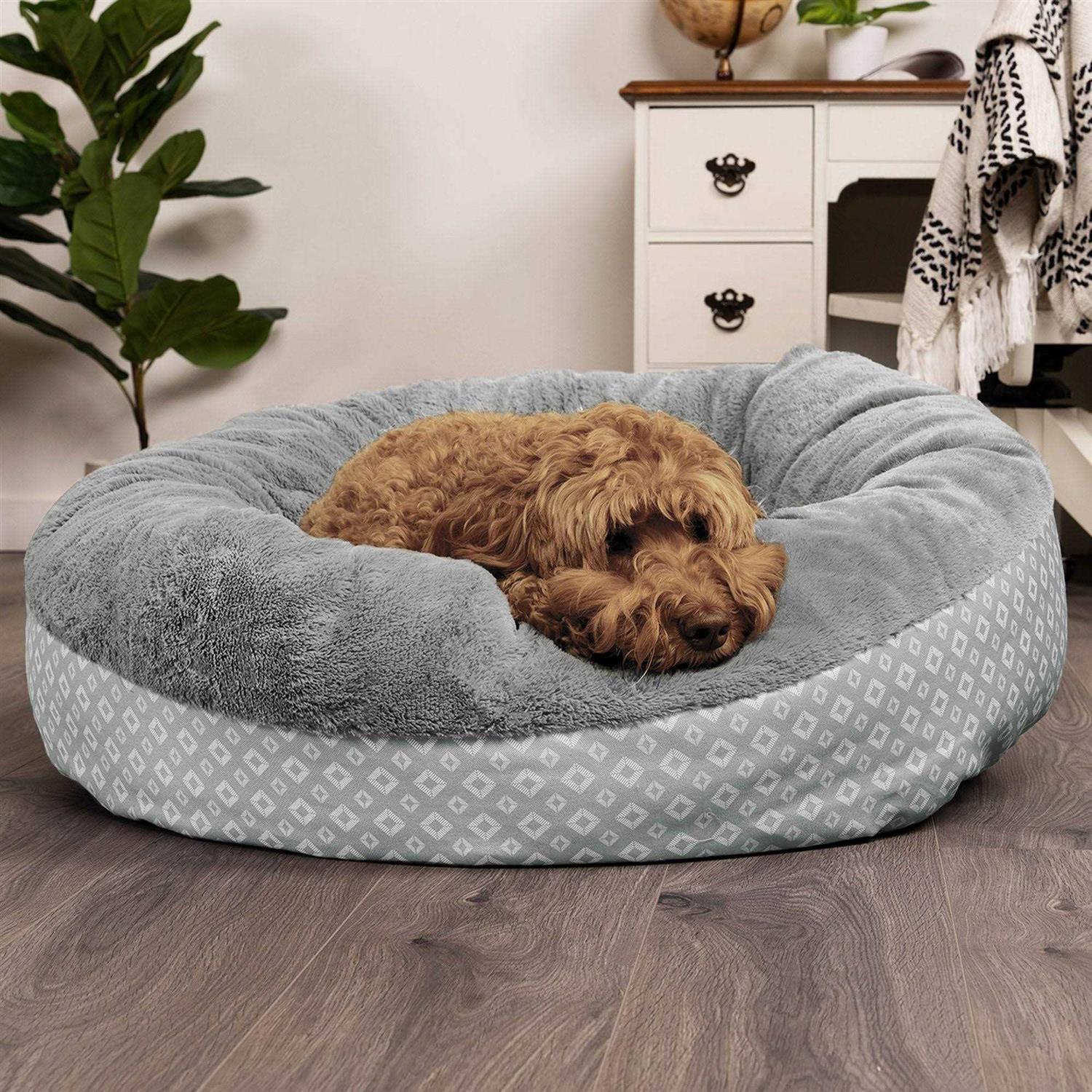 FurHaven Plush & Diamond Print Calming Donut Pet Bed for Dogs & Cats - Healthber