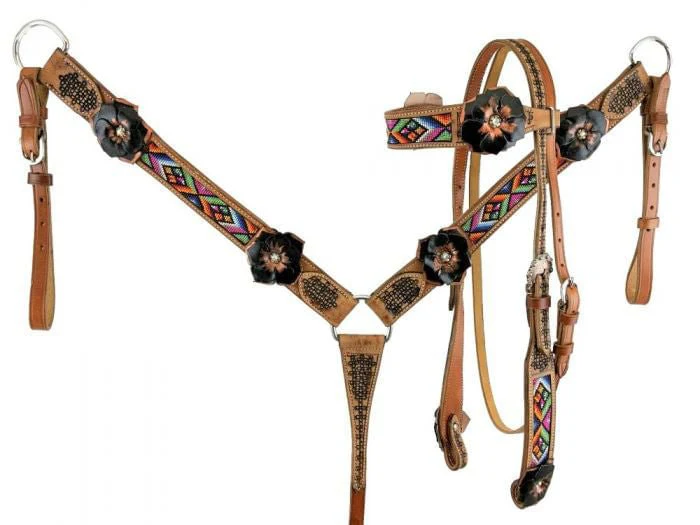 Showman Beaded Aztec & 3D Leather Flower Tack Set - Healthber