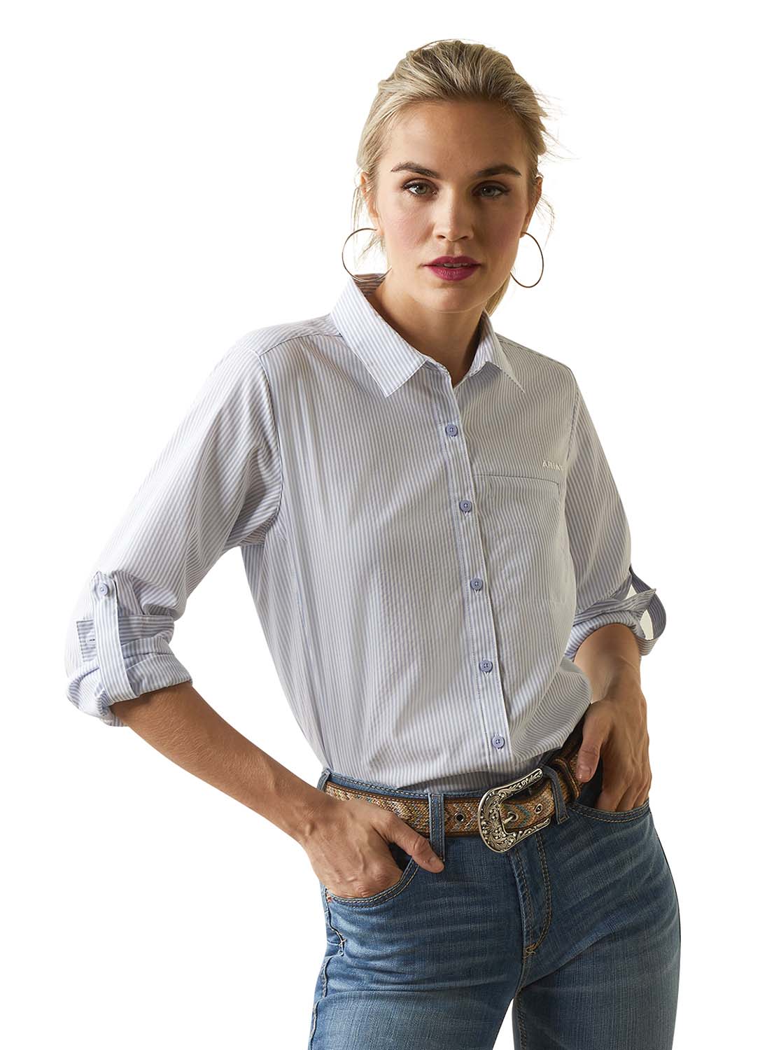 Ariat Women's VenTek Stretch Long sleeve Shirt, Blue Stripe - Healthber