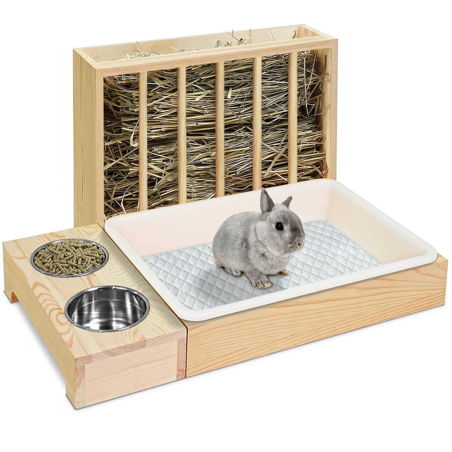 3 in 1 Rabbit Hay Feeder with Litter Box Wooden Bunny Hay Feeder Guinea Pig Hay Holder with Toilet Small Animal Hay Holder Rack Manger - Healthber