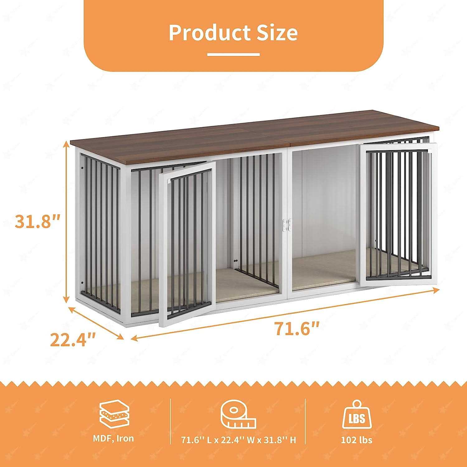 Large Dog Crate Furniture for 2 Dogs Linor Wooden Dog Crate Table with Double Doors - Healthber