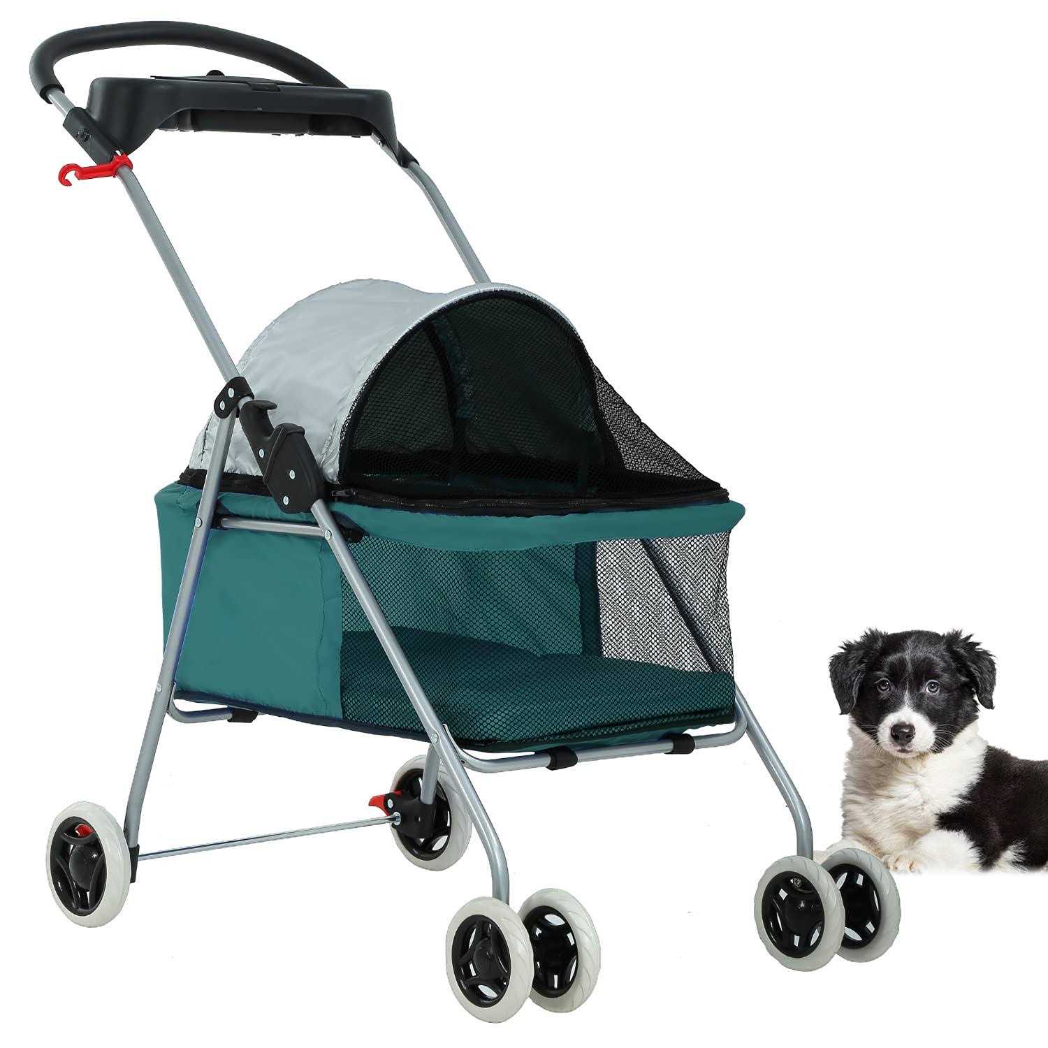 Bestpet Pet Stroller Cat Dog Stroller Travel Folding Carrier,Teal - Healthber
