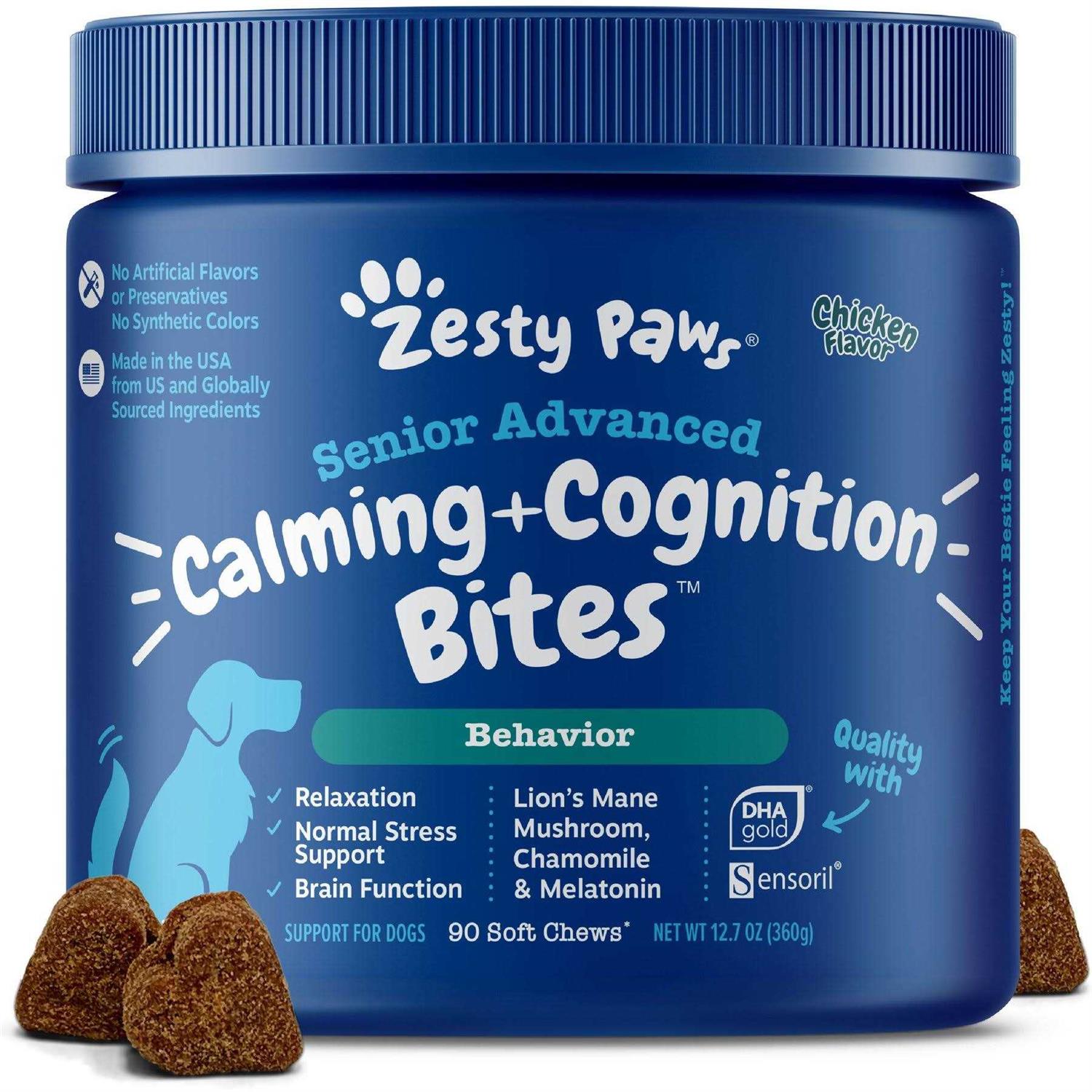 Zesty Paws Senior Advanced Calming + Cognition Bites Chicken Flavor Soft Chews Composure Supplement for Dogs - Healthber
