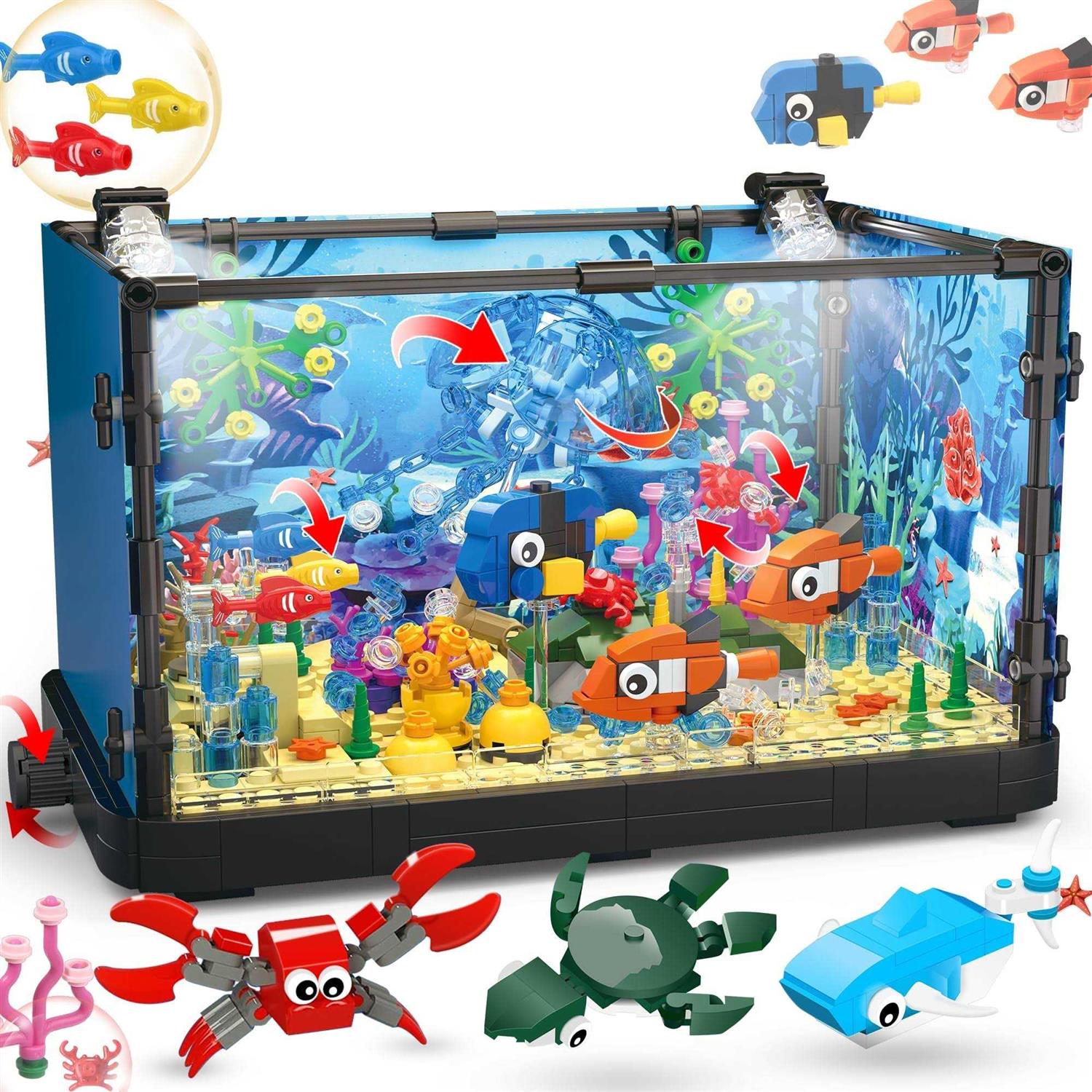 Jorumo Fish Tank Building Block, Lighting Aquarium Compatible with Lego Sets for Adults and Kids Including Ocean Jellyfish - Healthber