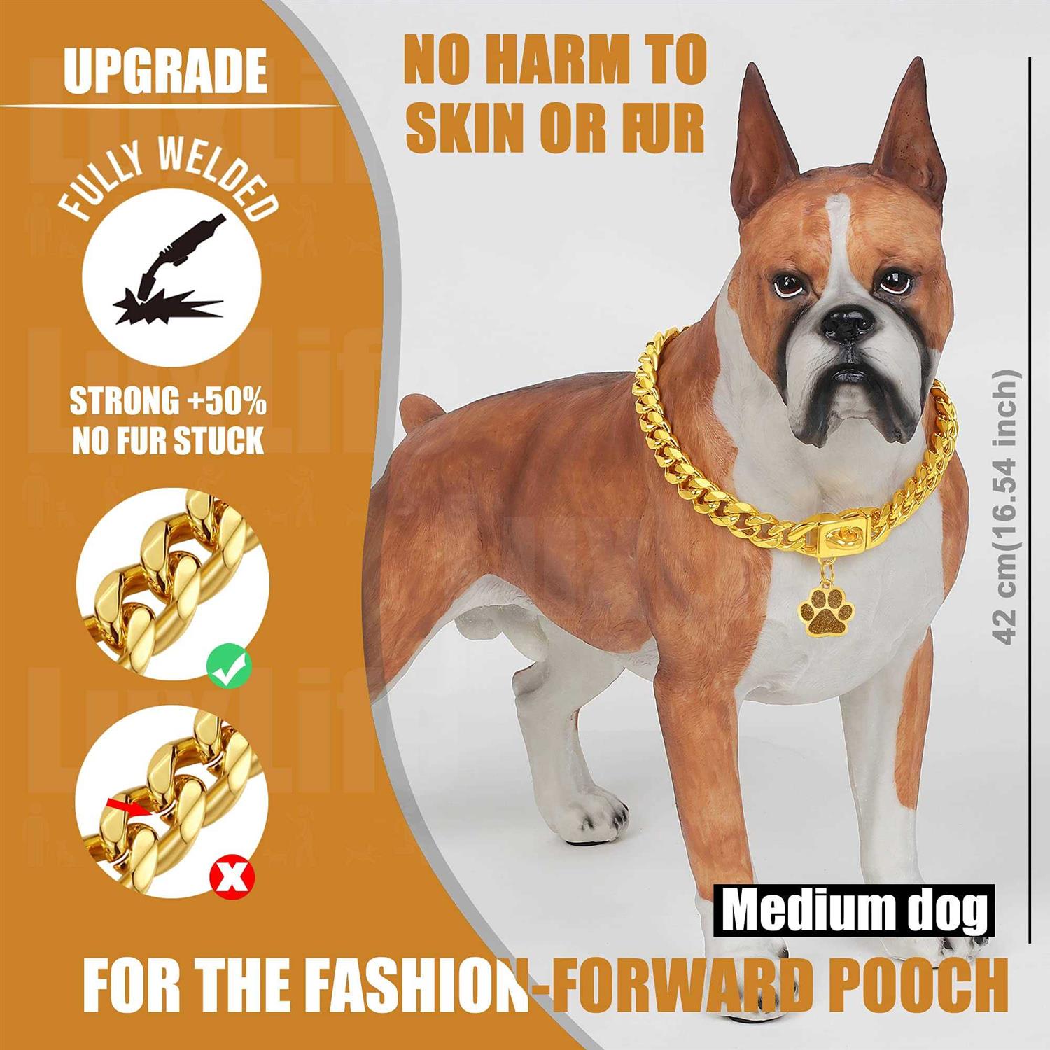 LuxLife Dog Chain Collars Gold Chain Dog Collar Cuban Link Dog Collar Snap Buckle 18K Stainless Steel Metal Dog - Healthber