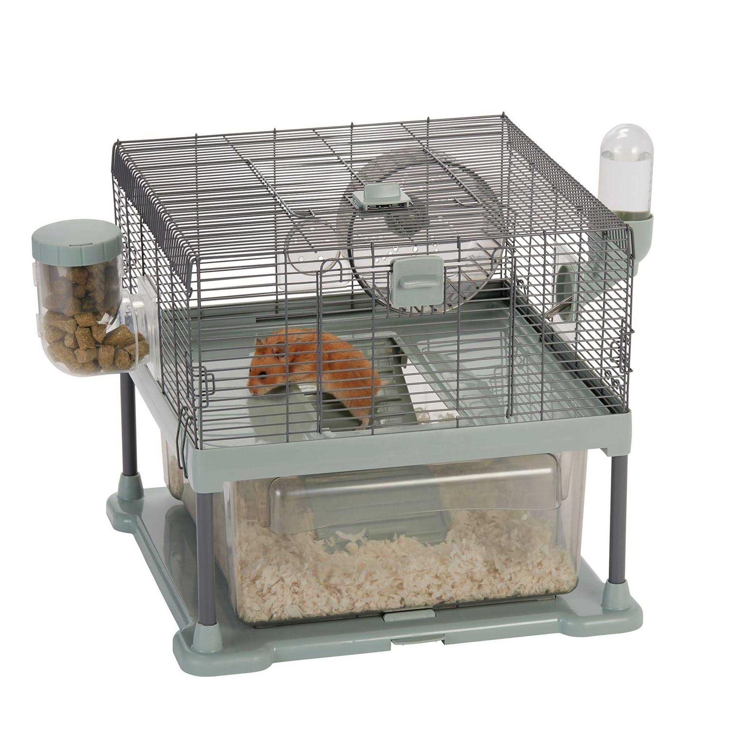 Full Cheeks Quick Clean Small Pet Habitat Includes Cage, Wheel, Food Dispense, and Water Bott - Healthber