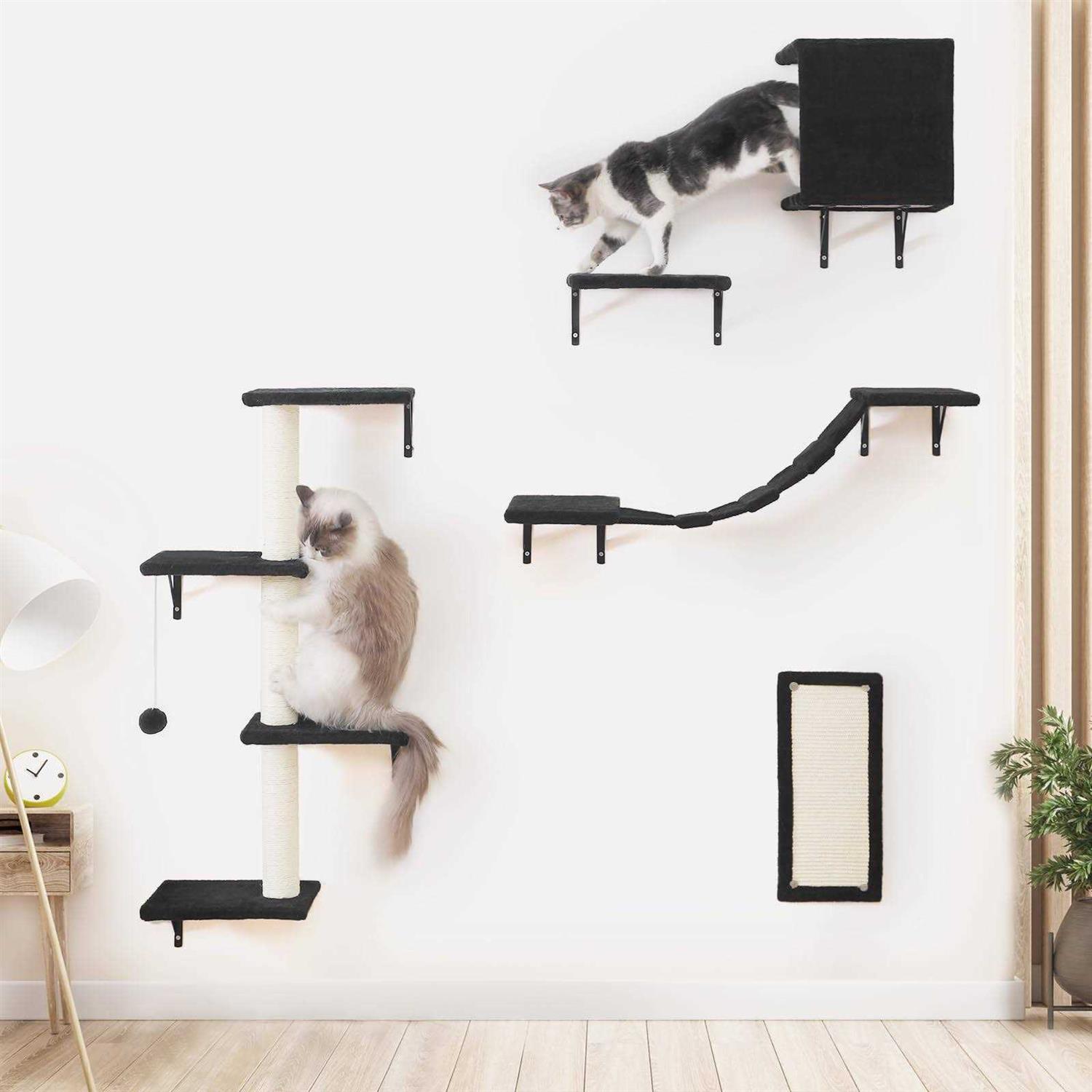 Modern Wall-Mounted Cat Furniture 5pcs Cat Wall Shelves Wooden Cat Climber Cat House, Bridge, Tree, Steps, and Scratcher - Healthber