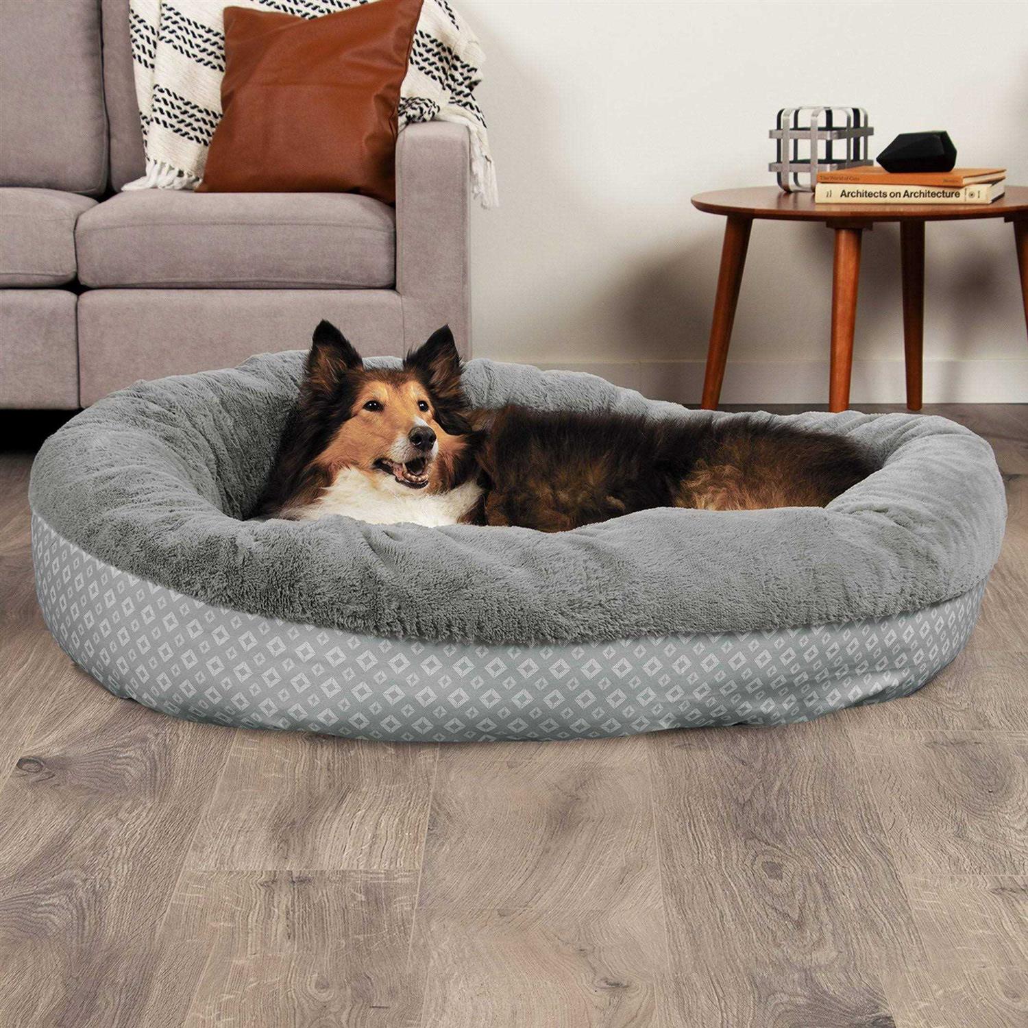 FurHaven Plush & Diamond Print Calming Donut Pet Bed for Dogs & Cats - Healthber
