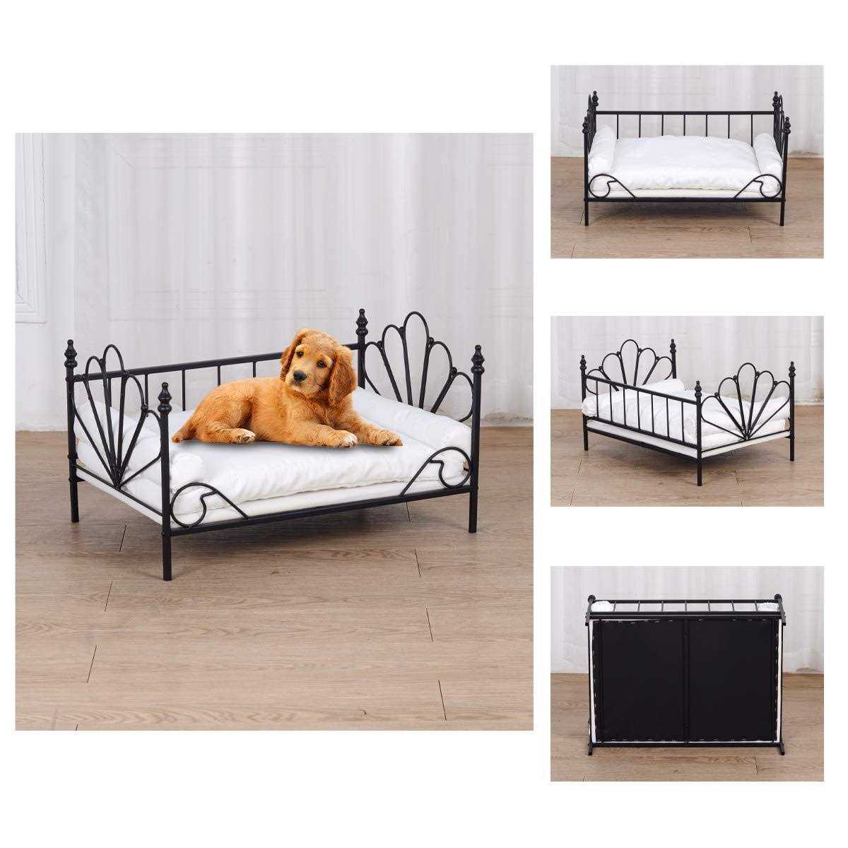 Babyland Bed for Dog, Pet Couch Bed with Metal Frame and Detached White Velvet Cushion with 2 Pillow for Small Pet - Healthber