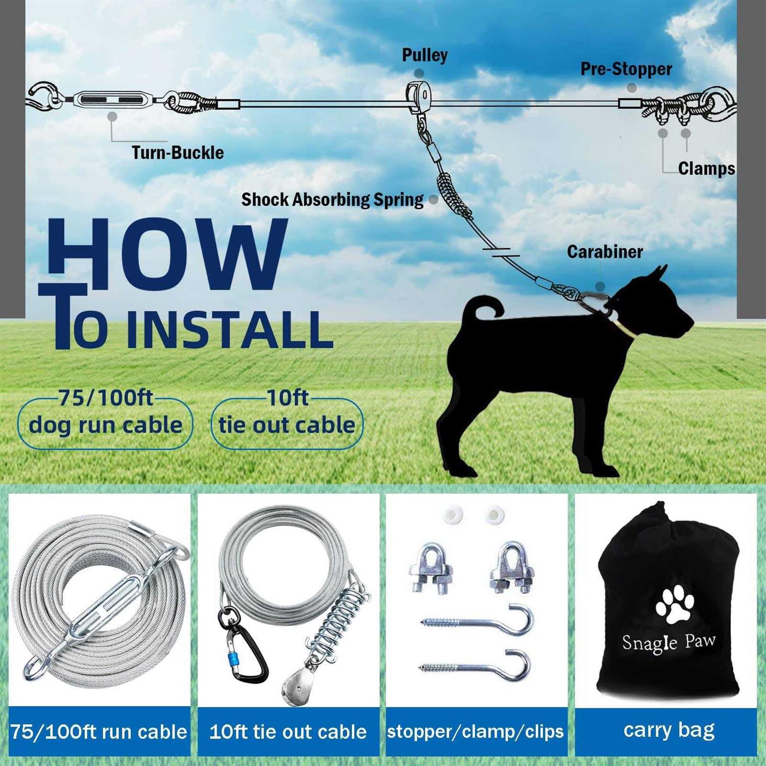 Snagle Paw Dog Tie Out Runner for Yard,Trolley System for Large Dogs Dog Aerial Cable with 10ft Pulley Runner Line for Dogs Up - Healthber