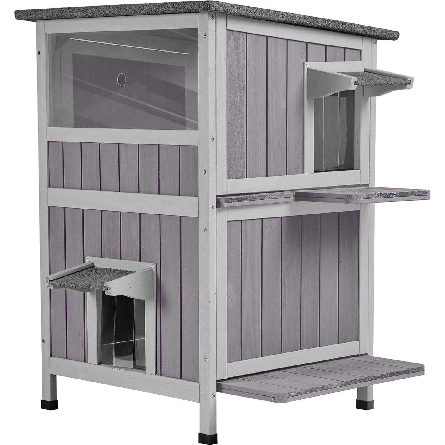 Aivituvin Two Tier Wooden Cat House with Waterproof Roof AIR14-1 - Healthber