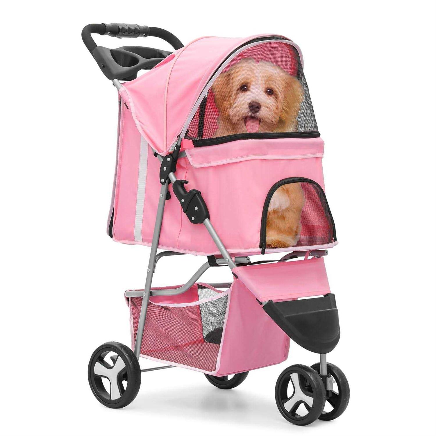 MoNiBloom Foldable Pet Stroller with Weather Cover, 3 Wheels Pet Small Dogs and Cats with Storage Basket and Cup Holder - Healthber