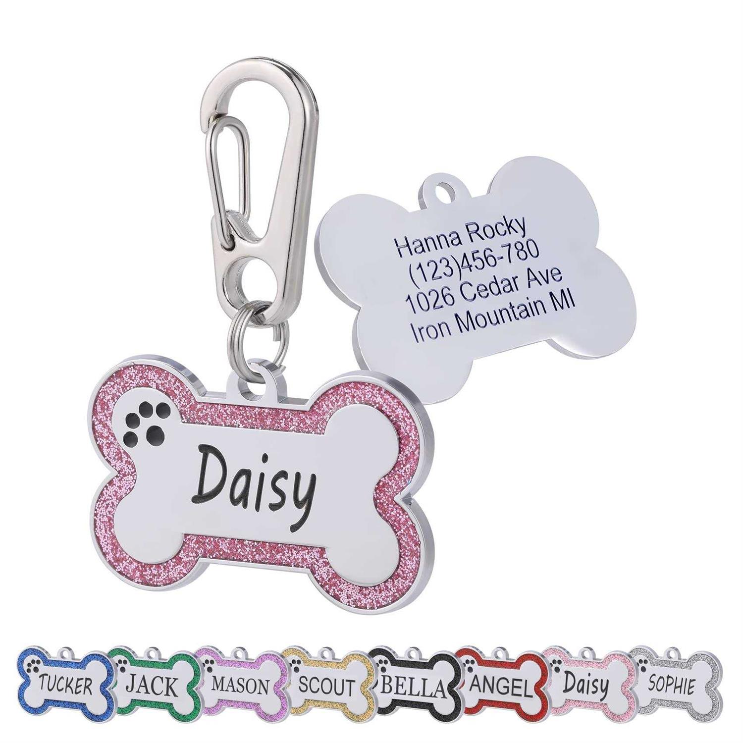 Aimeng Personalized Stainless Steel Pet ID Tags with Glittery Bone Design - Healthber