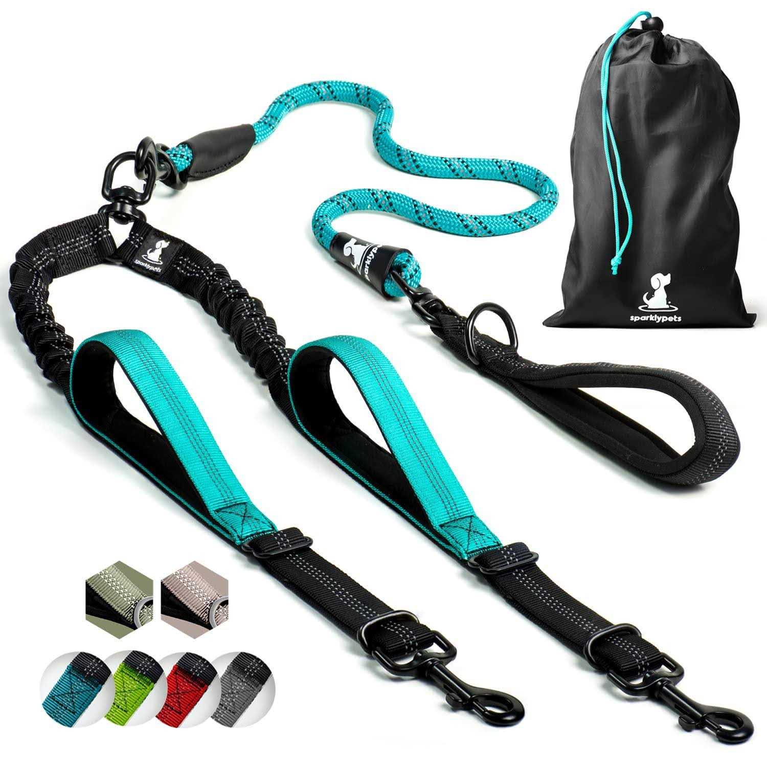 SparklyPets Double Dog Leash for 2 Dogs – Rope Bungee Dual Leash for Medium and Large Dogs with Padded Handles Tangle - Healthber