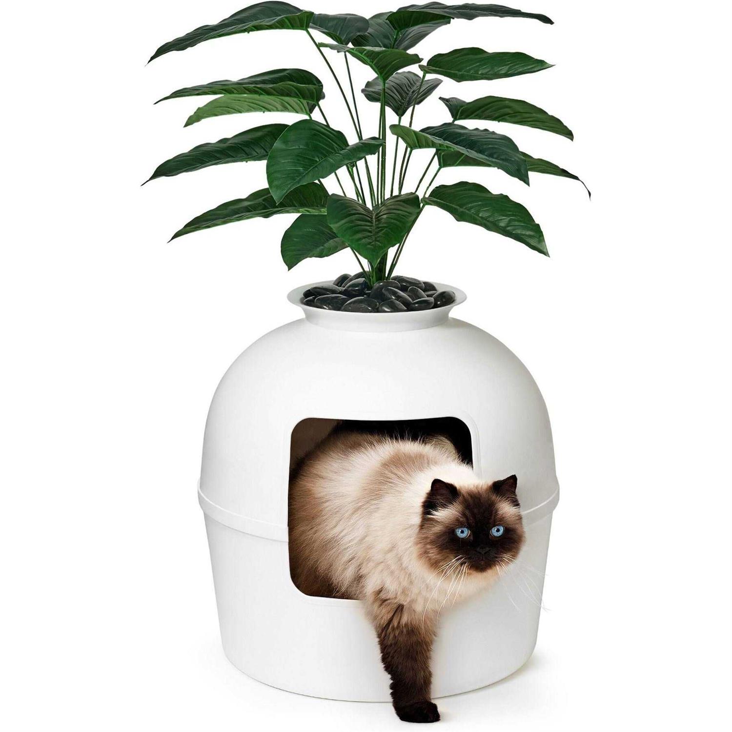 Secret Litter Box by Bundle & Bliss Hidden Litter Box Enclosure with Odor Control Carbon Filter, Faux Plant and Real Stones - Healthber