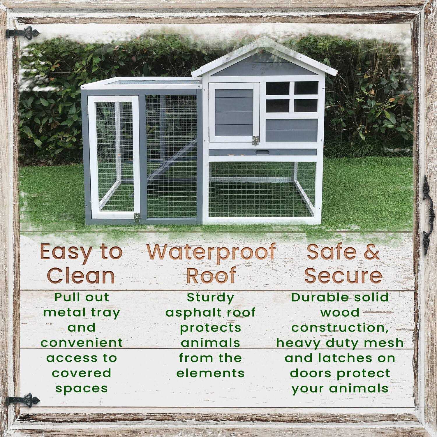 Hanover Outdoor Wooden Elevated Rabbit Hutch with Ramp Wire Mesh Run Waterproof Roof HANRH0102-GRY - Healthber