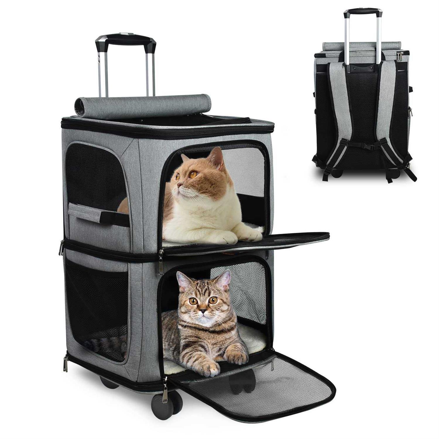 GJEASE Double-Compartment Pet Dog Rolling CarrierBackpack with Wheels,Cat Carrier for 2 Cats,Super Ventilated Design,Ideal for Traveling/Hiking - Healthber