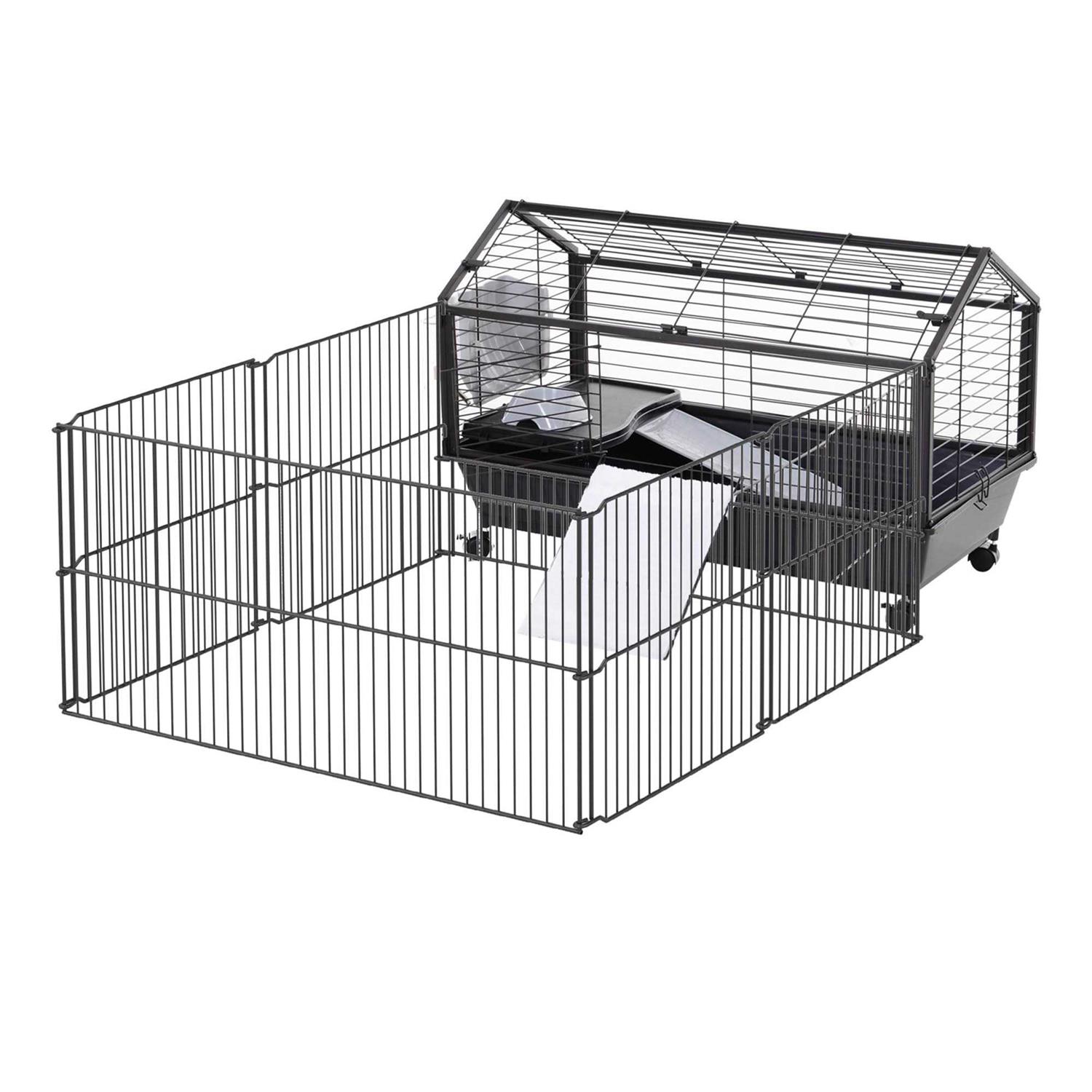 PawHut Rolling Metal Rabbit Guinea Pig or Small Animal Hutch Cage with Main House and Run - Healthber
