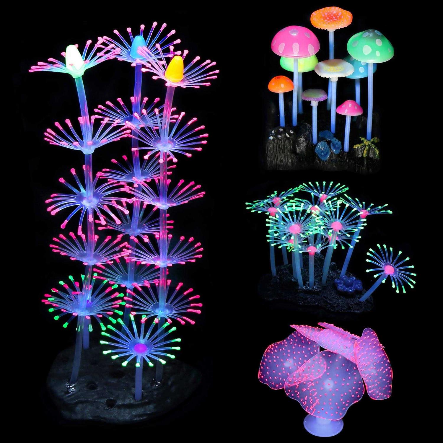 Lpraer 4 Pack Glow Aquarium Decorations Coral Reef Glowing Mushroom Anemone Simulation Glow Plant Glowing Effect Silicone for Fish Tank Decorations - Healthber