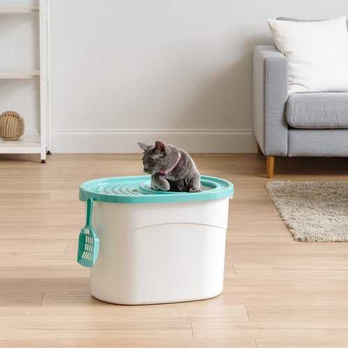 IRIS USA Large Round Top Entry Cat Litter Box & Scoop, White/Green - Healthber