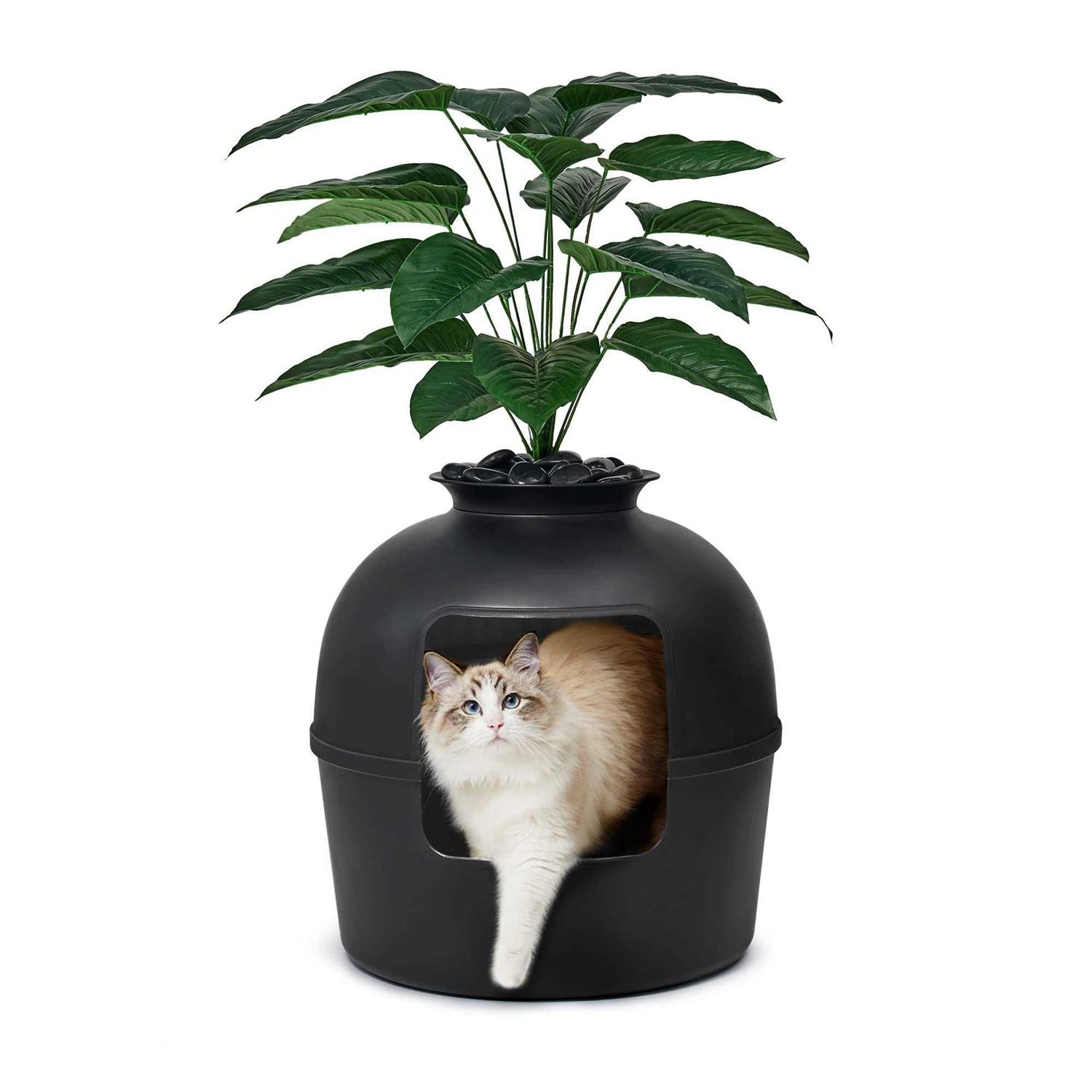 Secret Litter Box by Bundle & Bliss Hidden Litter Box Enclosure with Odor Control Carbon Filter, Faux Plant and Real Stones - Healthber