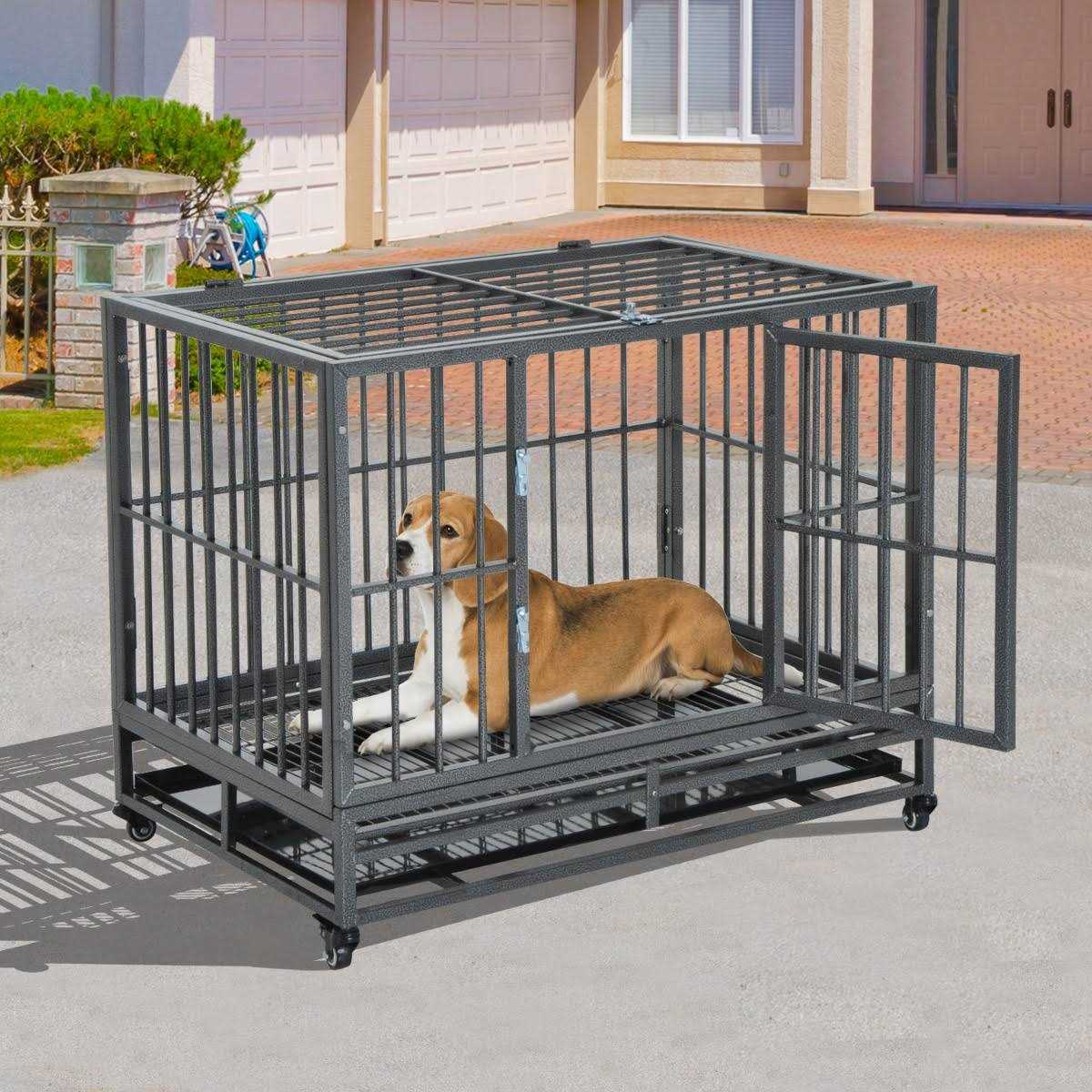 PawHut Heavy Duty Dog Crate Metal Cage Kennel with Lockable Wheels, Double Door and Removable Tray - Healthber