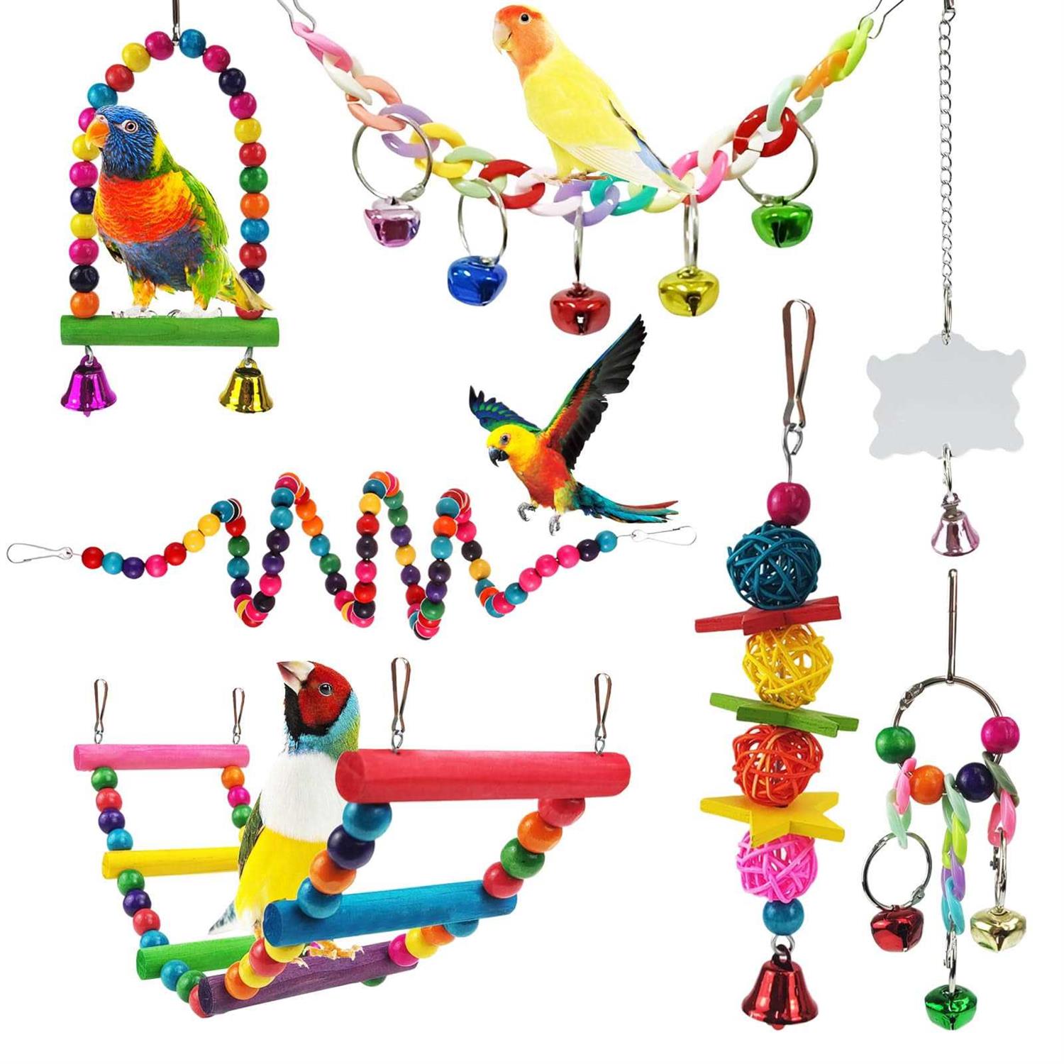 Xloey Parakeet Toys,7 Pcs Colorful Bird Toys for Parakeets,Pet Bird Cage Hammock Swing Climbing Ladders Chewing Toy Mirror Hanging Bell Wooden Perch - Healthber
