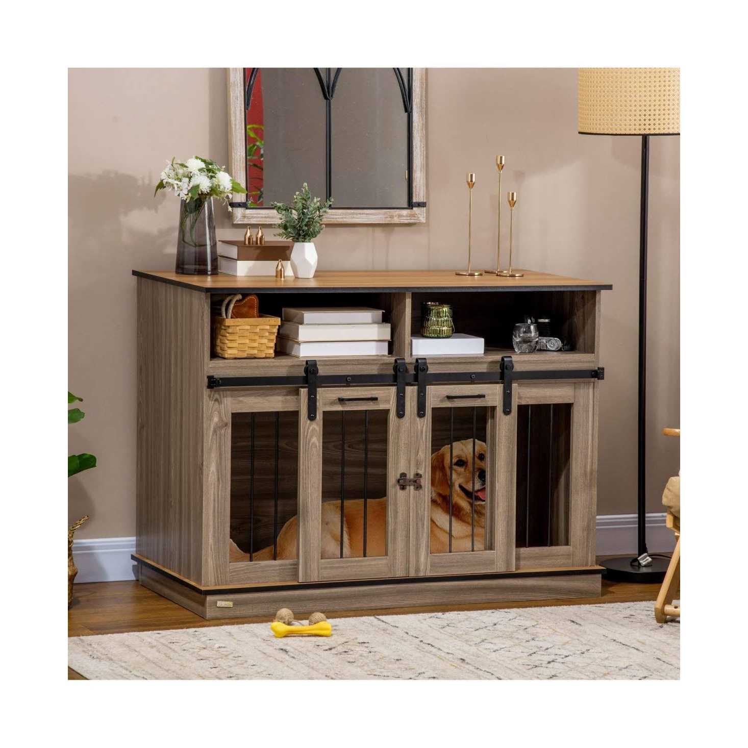 PawHut Dog Crate Furniture for Large Dogs Double Dog Kennel for Small Dogs with Shelves - Healthber