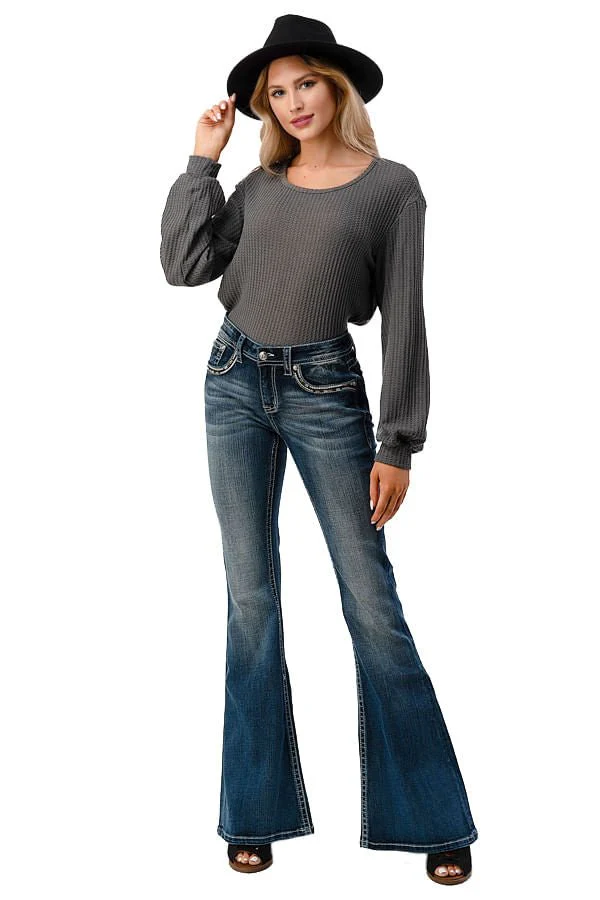 Grace in LA Aztec Embellished Mid Rise Flare Jeans - Healthber