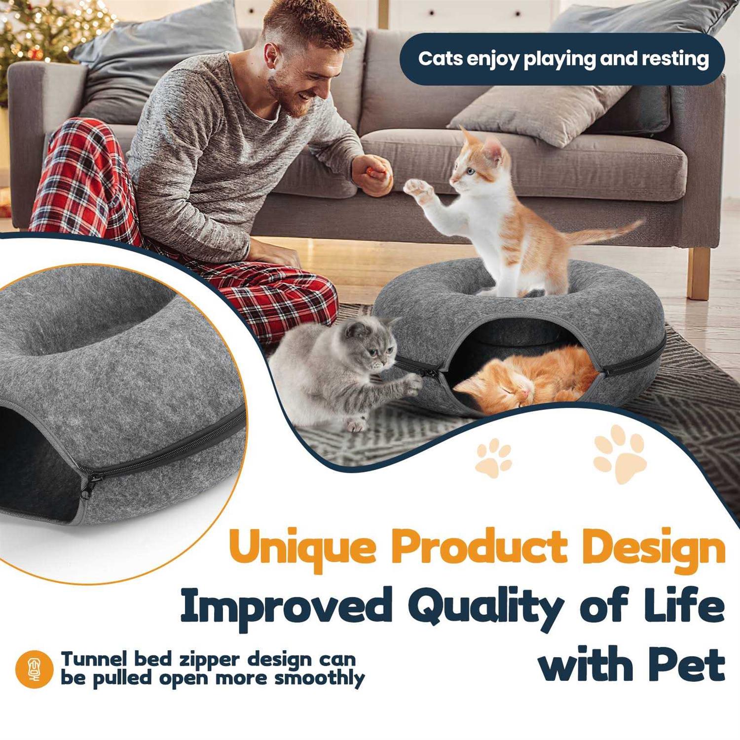 HOMAGICO Cat Tunnel Bed,Peekaboo Cat Cave with Pet Blanket,Detachable Donut Tunnels for Indoor Cats,Cat Tunnel Toy,Felt Round Cat Bed Suitable - Healthber