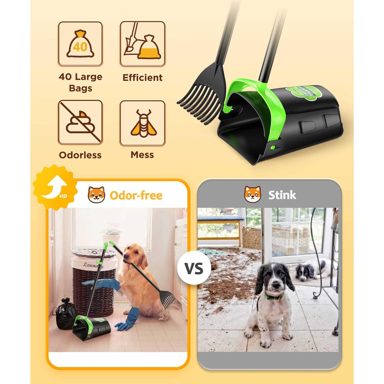 PETNOZ LIFE Large Swivel Bin & Rake Pooper Scooper with 40 Waste Bags - Healthber