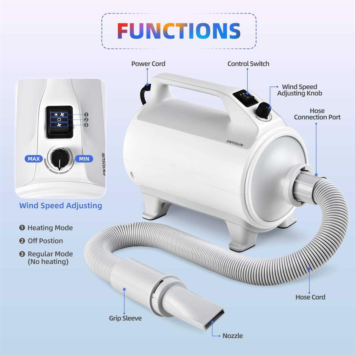 Entosun Dog Dryer, Pet Hair Dryer, 4.3hp/2800W Adjustable Speed and Temperature - Healthber