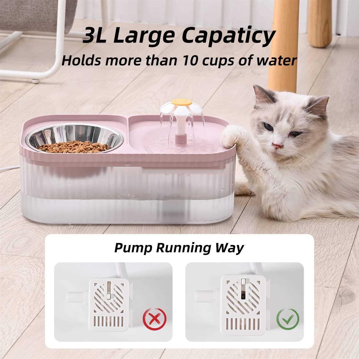 JEERAMIA Cat Water Fountain and Food Bowl, 3L/101oz Ultra Quiet Pet Water Dispenser with Smart Pump and 3 Replacement Filters - Healthber