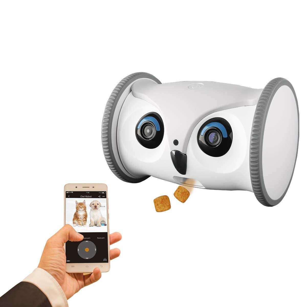 SKYMEE Owl Robot Movable Full HD Pet Camera with Treat Dispenser, Interactive Toy for Dogs and Cats - Healthber